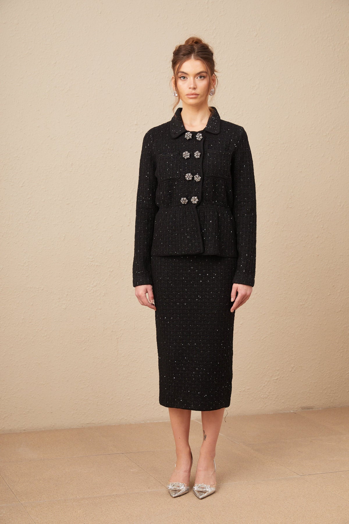 Amina sequined waffle-knit jacket & skirt matching set