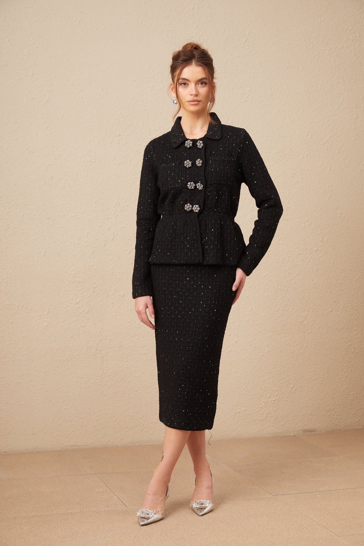 Amina sequined waffle-knit jacket & skirt matching set