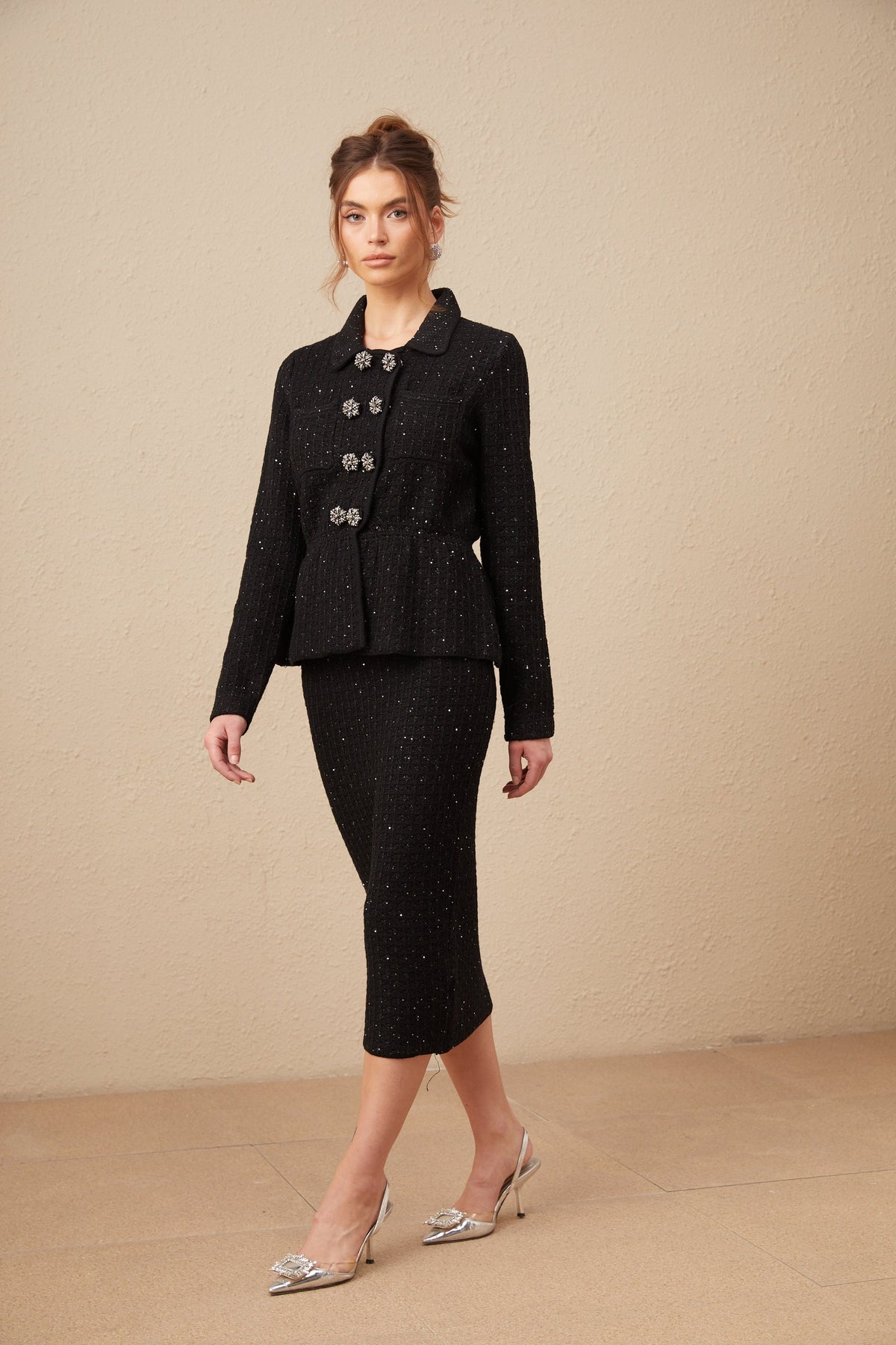 Amina sequined waffle-knit jacket & skirt matching set