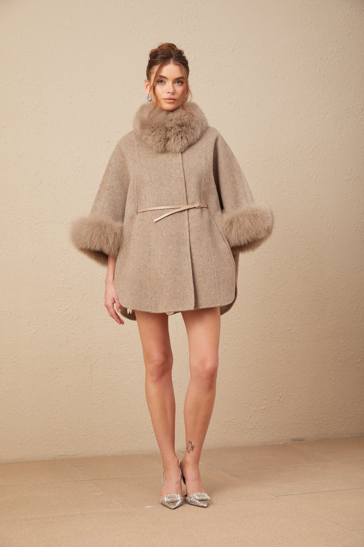 Chloris wool fur belted cape coat in Brown (Final Sale-US Only)