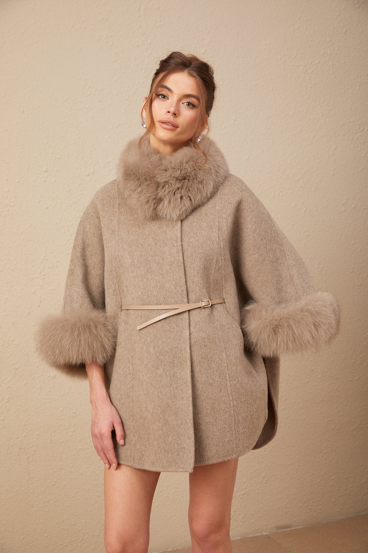 Chloris wool fur belted cape coat in Brown (Final Sale-US Only)