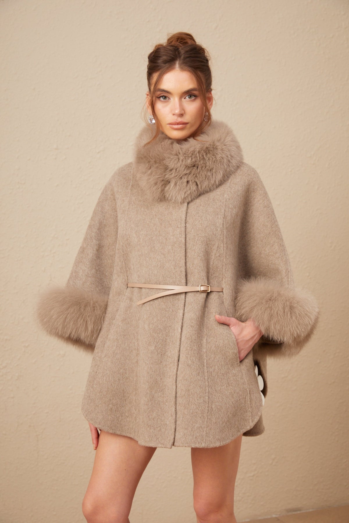 Chloris wool fur belted cape coat in Brown