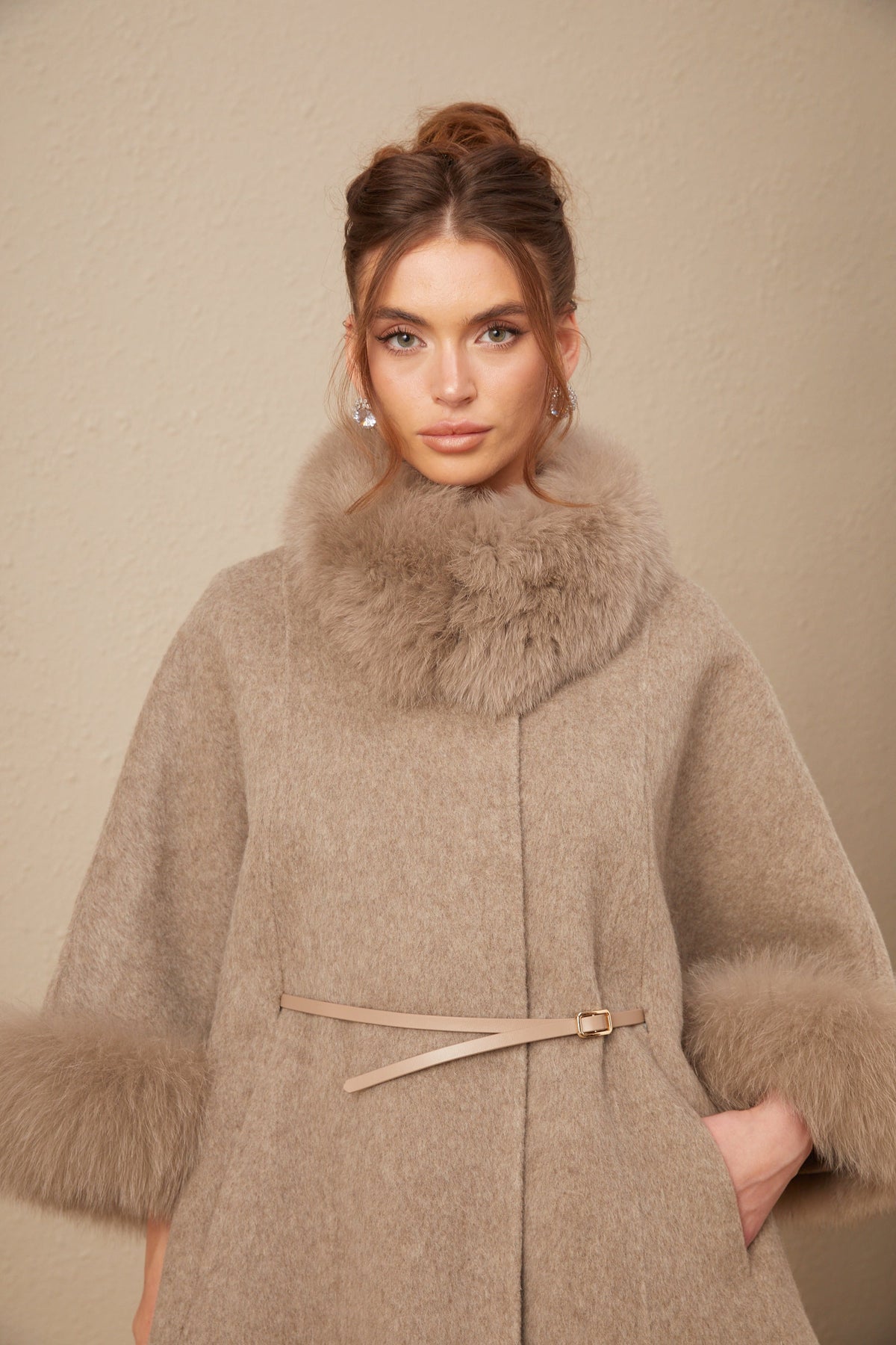 Chloris wool fur belted cape coat in Brown