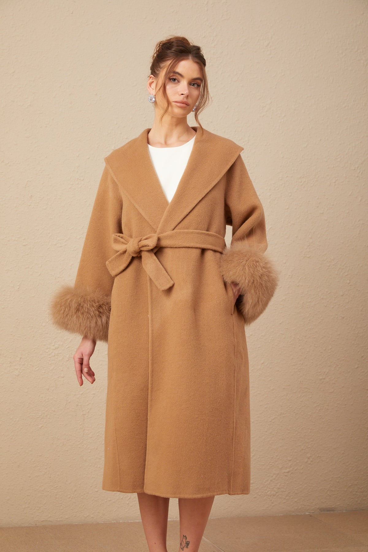 Ysandre brown felted woolen wrap overcoat