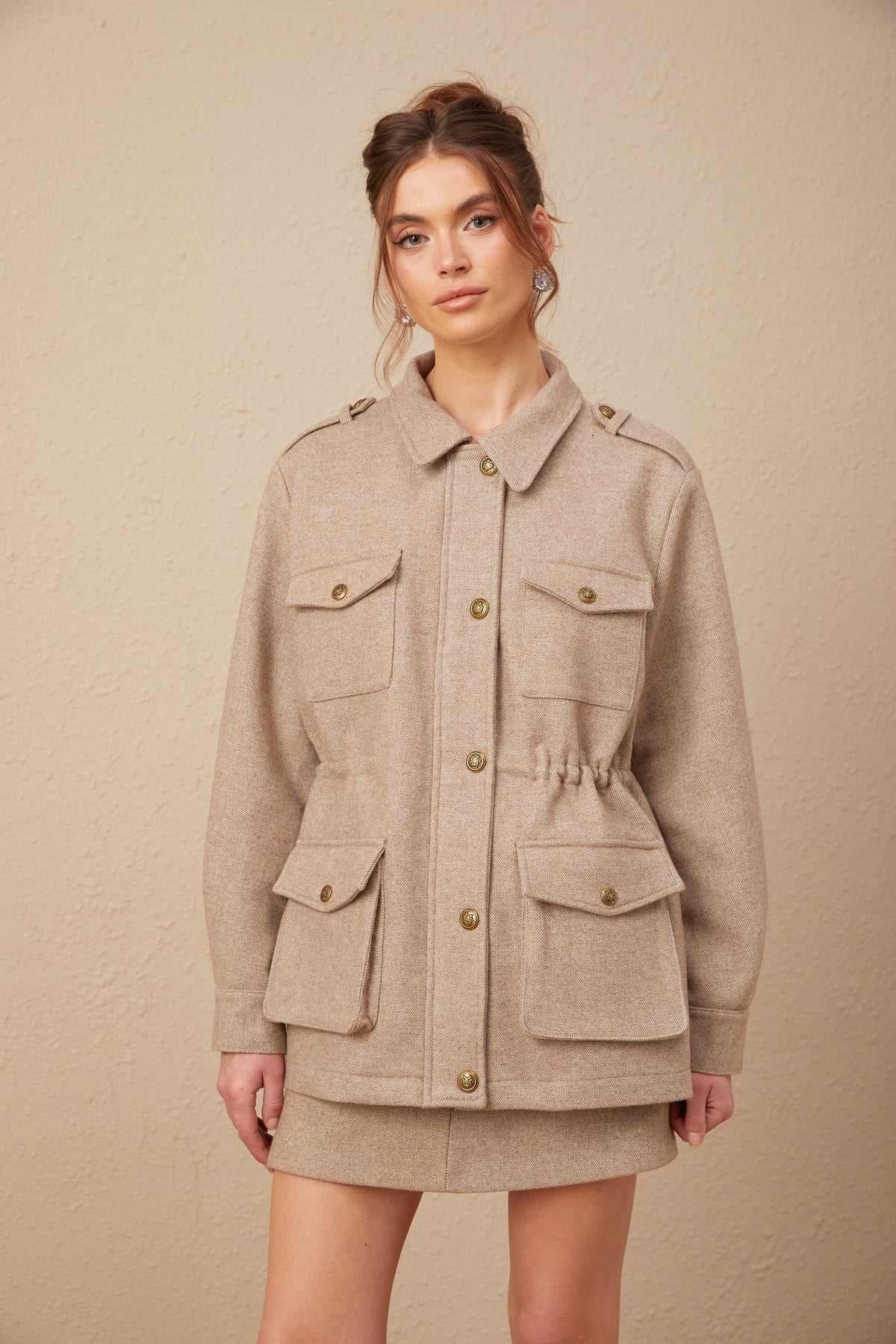 Clarisse khaki wool twill jacket & culottes matching set