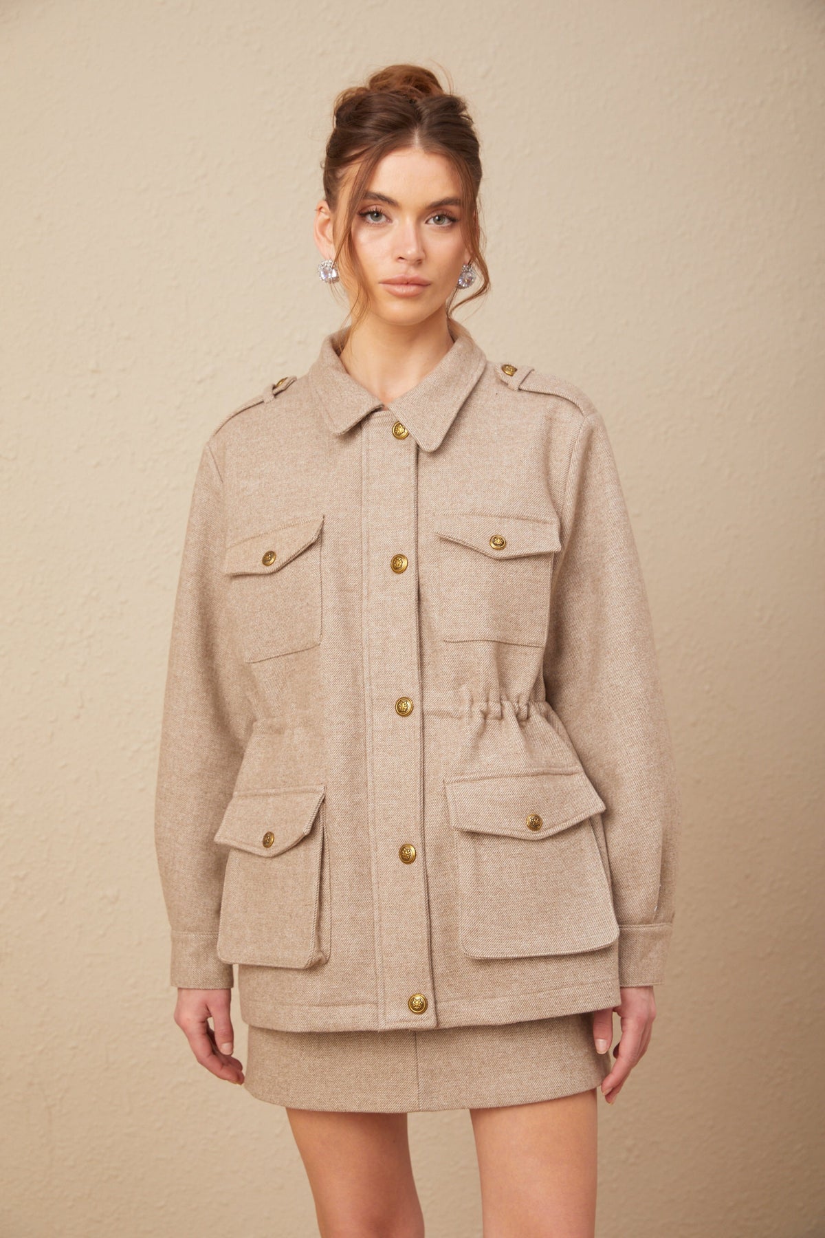 Clarisse khaki wool twill jacket & culottes matching set