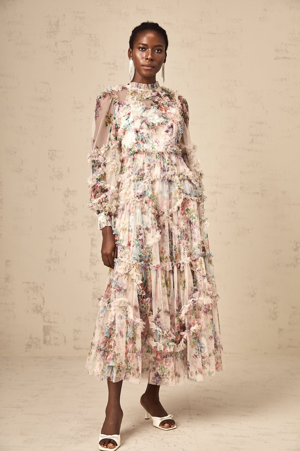 Candice floral ruffled tulle midi dress