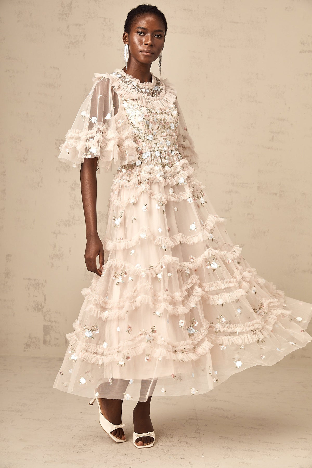 Kévina floral-embroidered tiered ruffled midi dress (Final Sale-US Only)