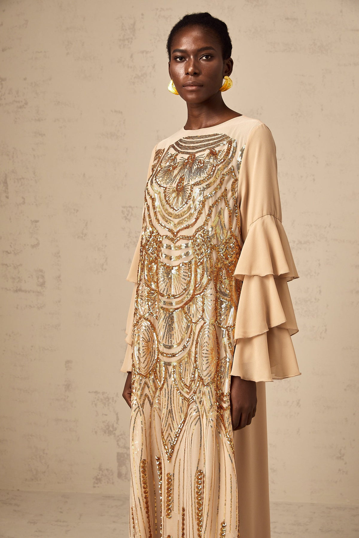 Noemi ruffle-sleeved sequined tulle maxi dress