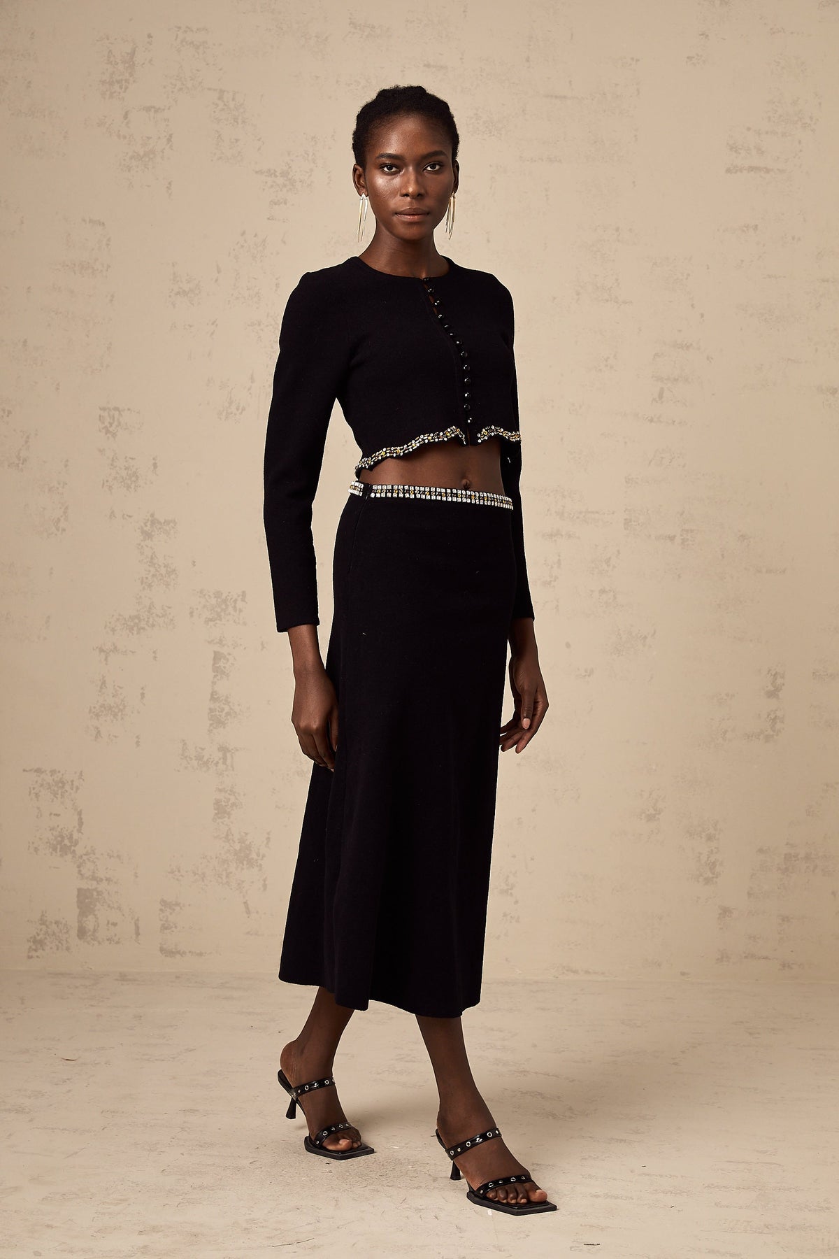 Magali black embellished knitted cardigan & skirt matching set