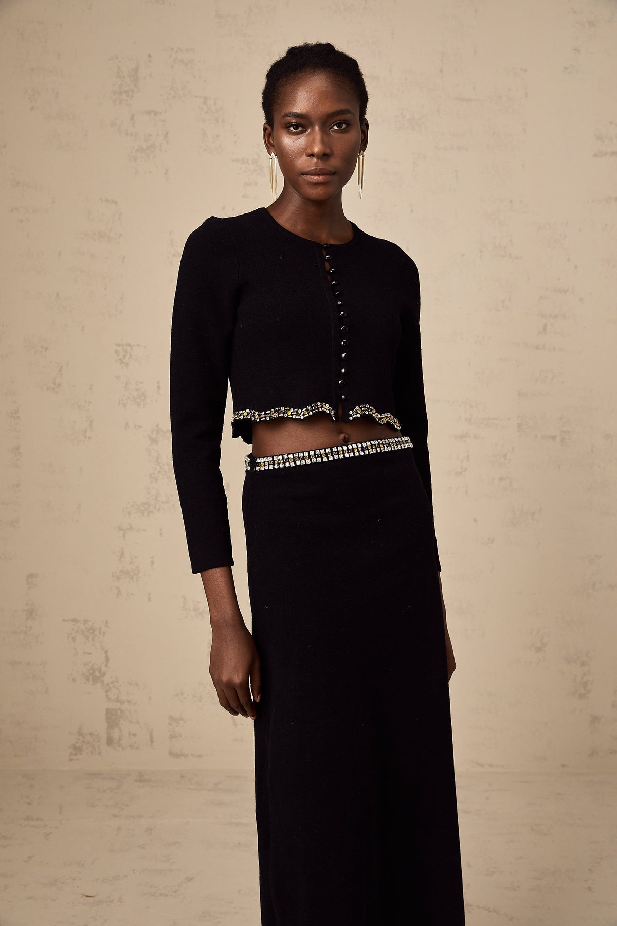 Magali black embellished knitted cardigan & skirt matching set
