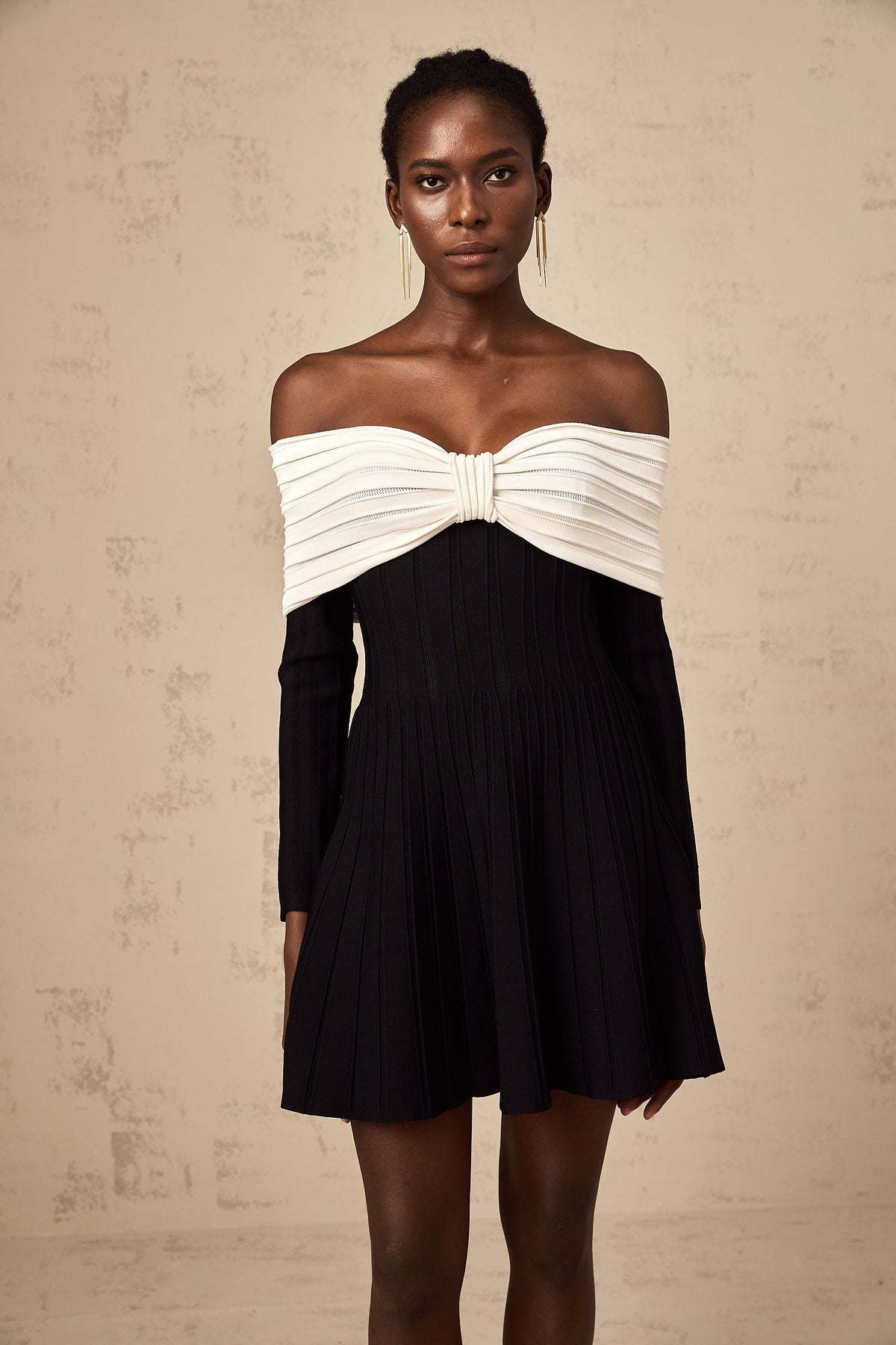 Justine black off-shoulder bow knit mini dress (Final Sale)