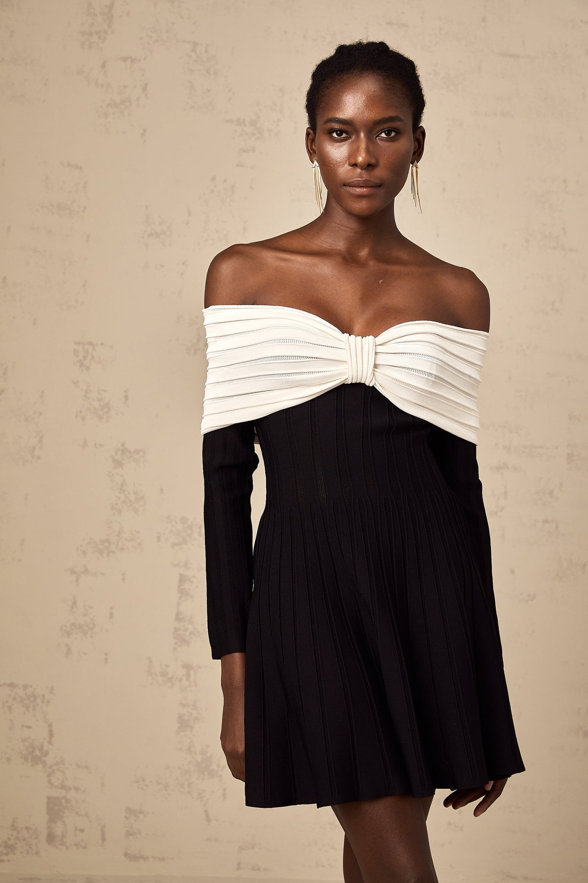 Justine black off-shoulder bow knit mini dress (Final Sale)