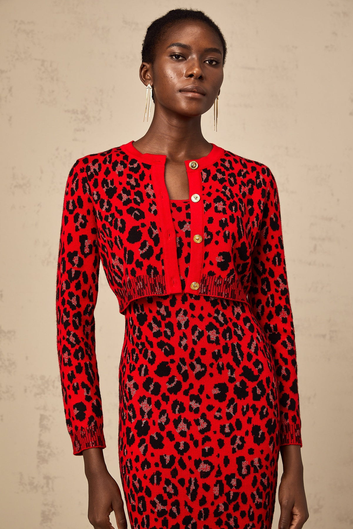 Honorine red leopard-print lurex cardigan