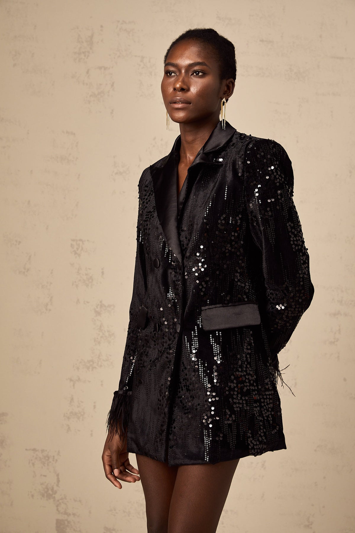Ariane black feather-trim sequin-embellished blazer