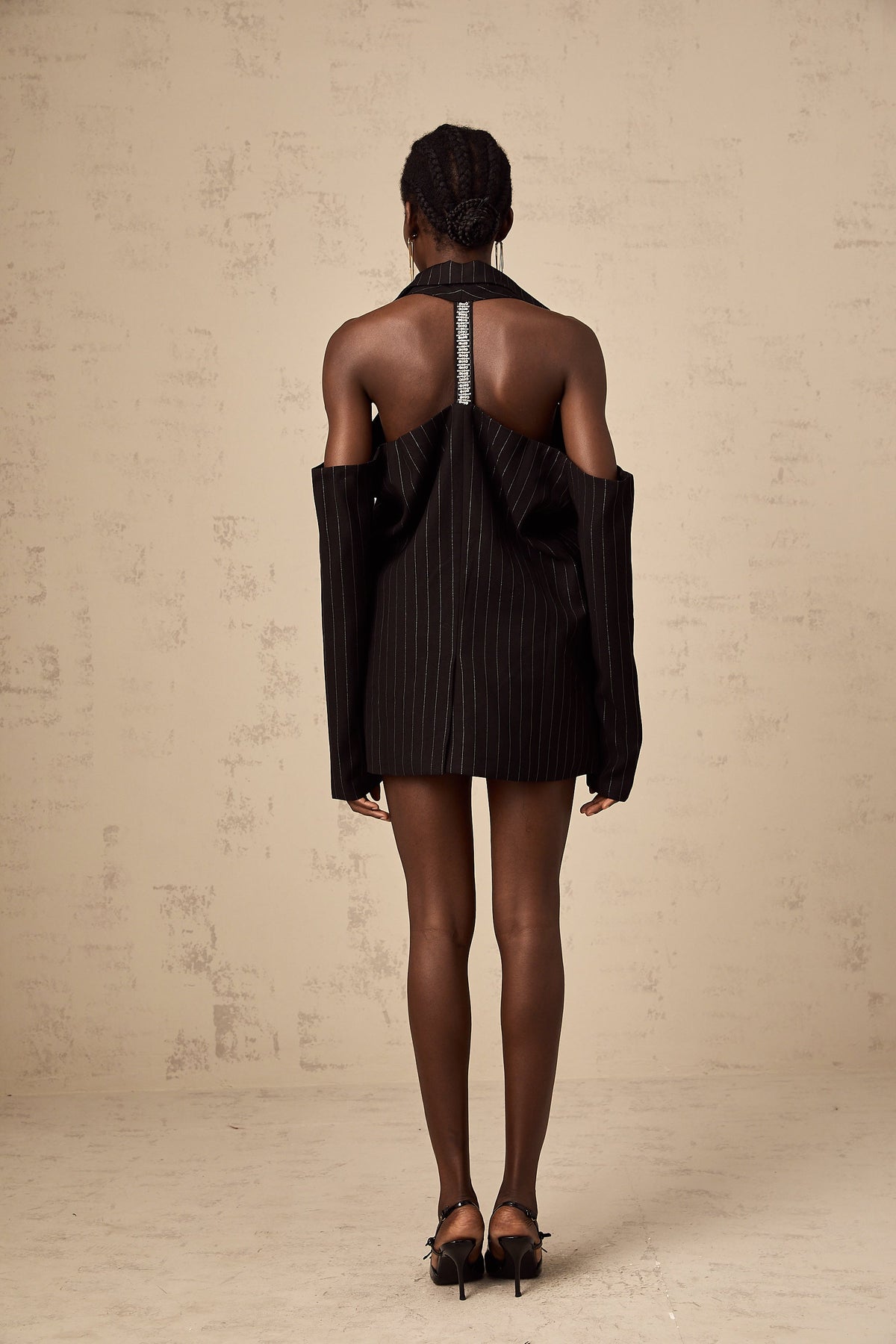 Stefania black striped open-back  blazer mini dress  - Black