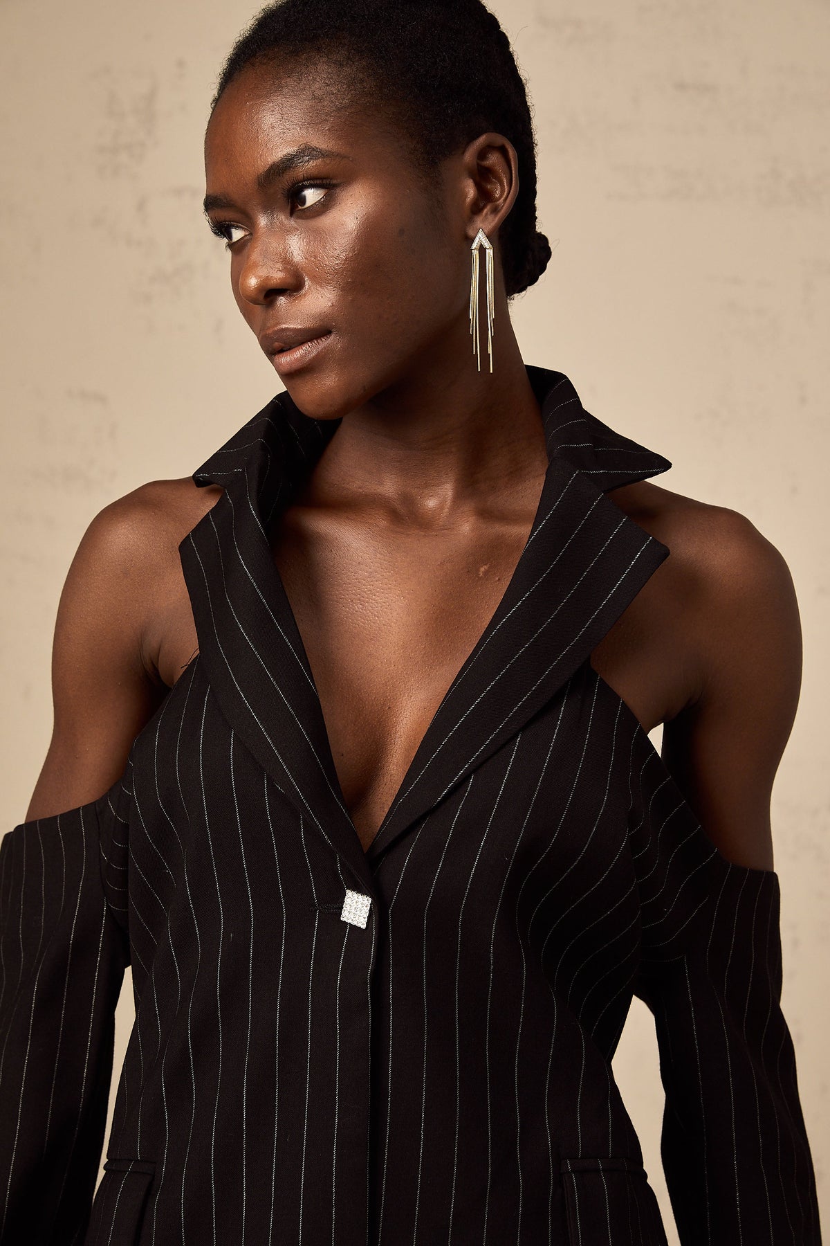 Stefania black striped open-back  blazer mini dress  - Black
