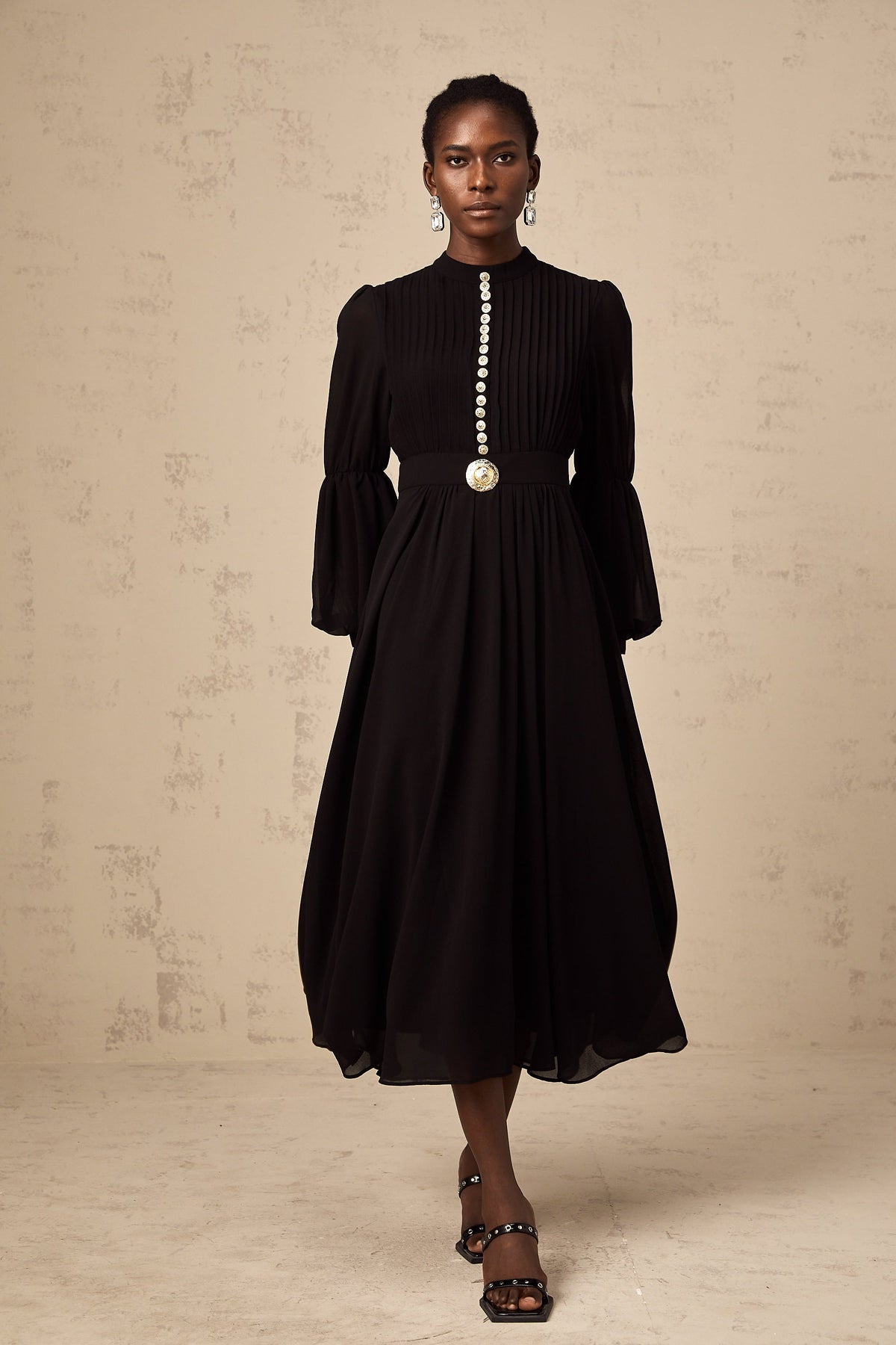 Viviane black pleated button-front midi dress