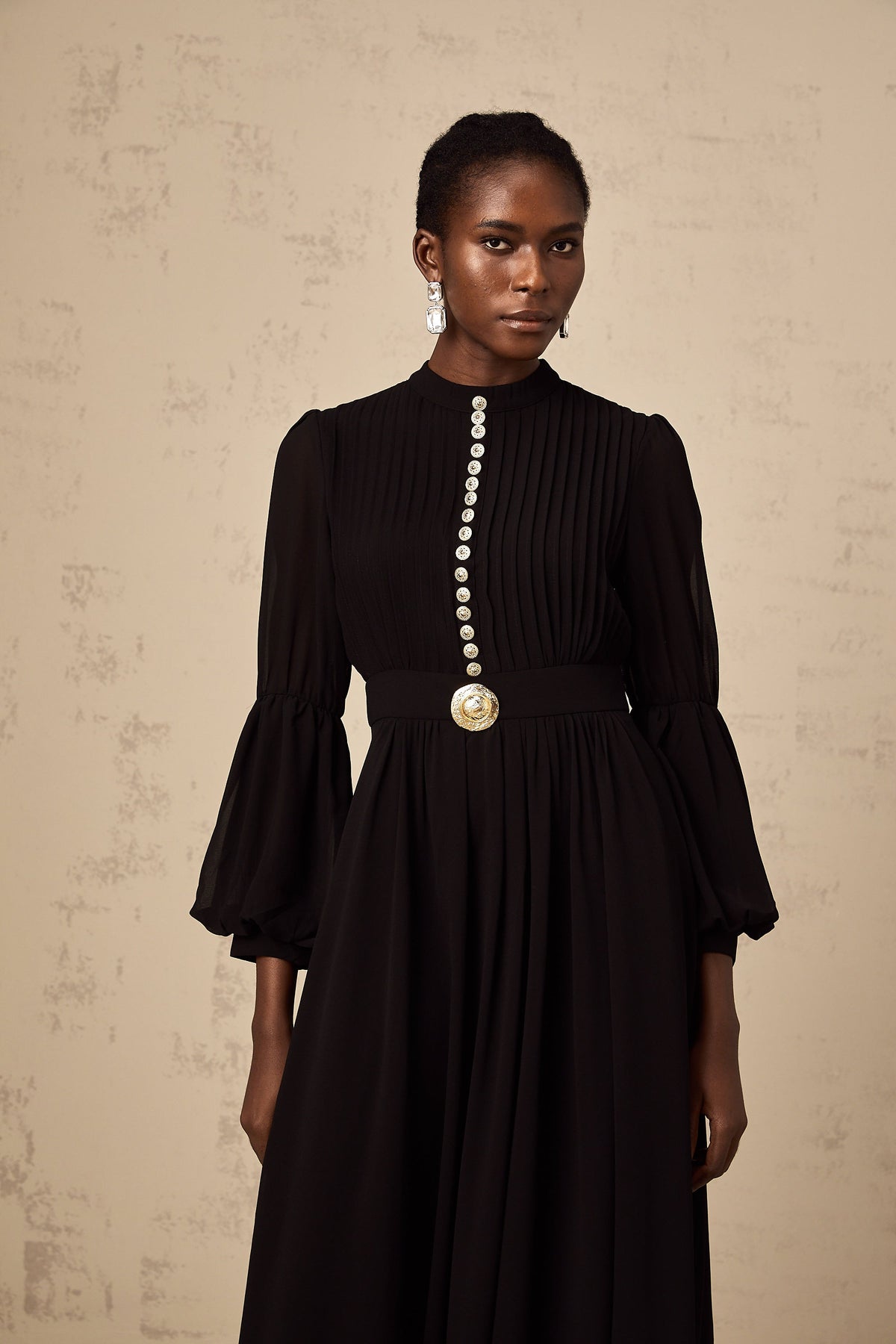 Viviane black pleated button-front midi dress (Final Sale-US Only)