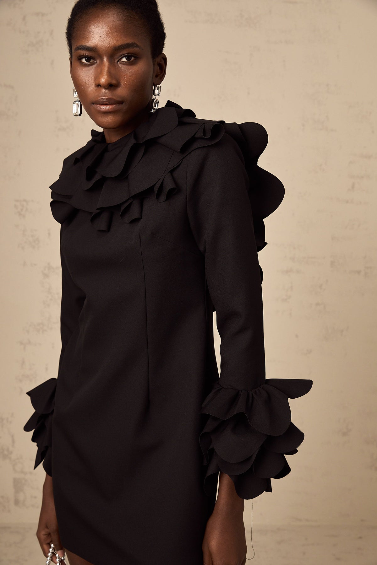 Jacques black ruffled open-back mini dress