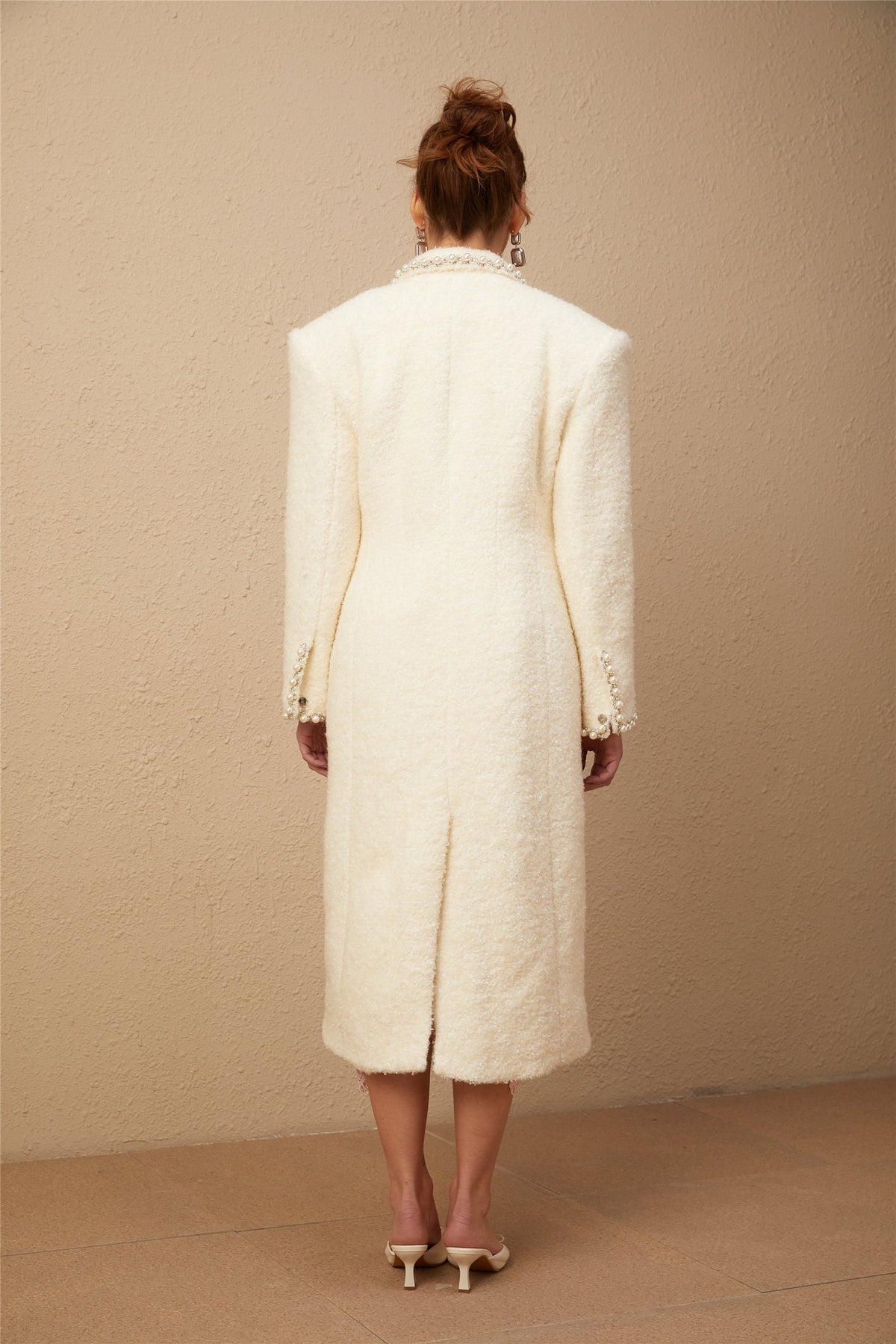 Isotta wool faux-pearl embellished tweed long coat