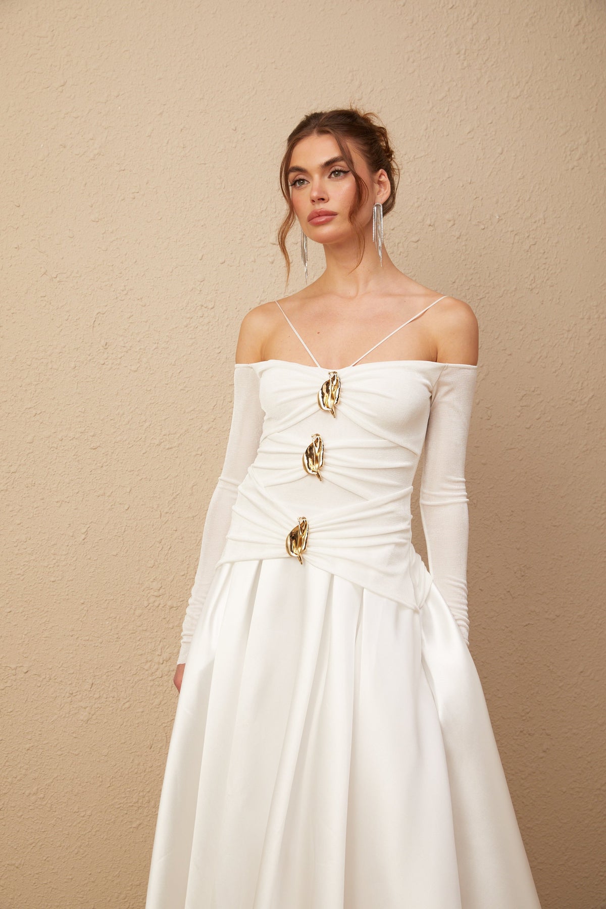 Nadine off-shoulder panelled maxi dress in White (Final Sale)