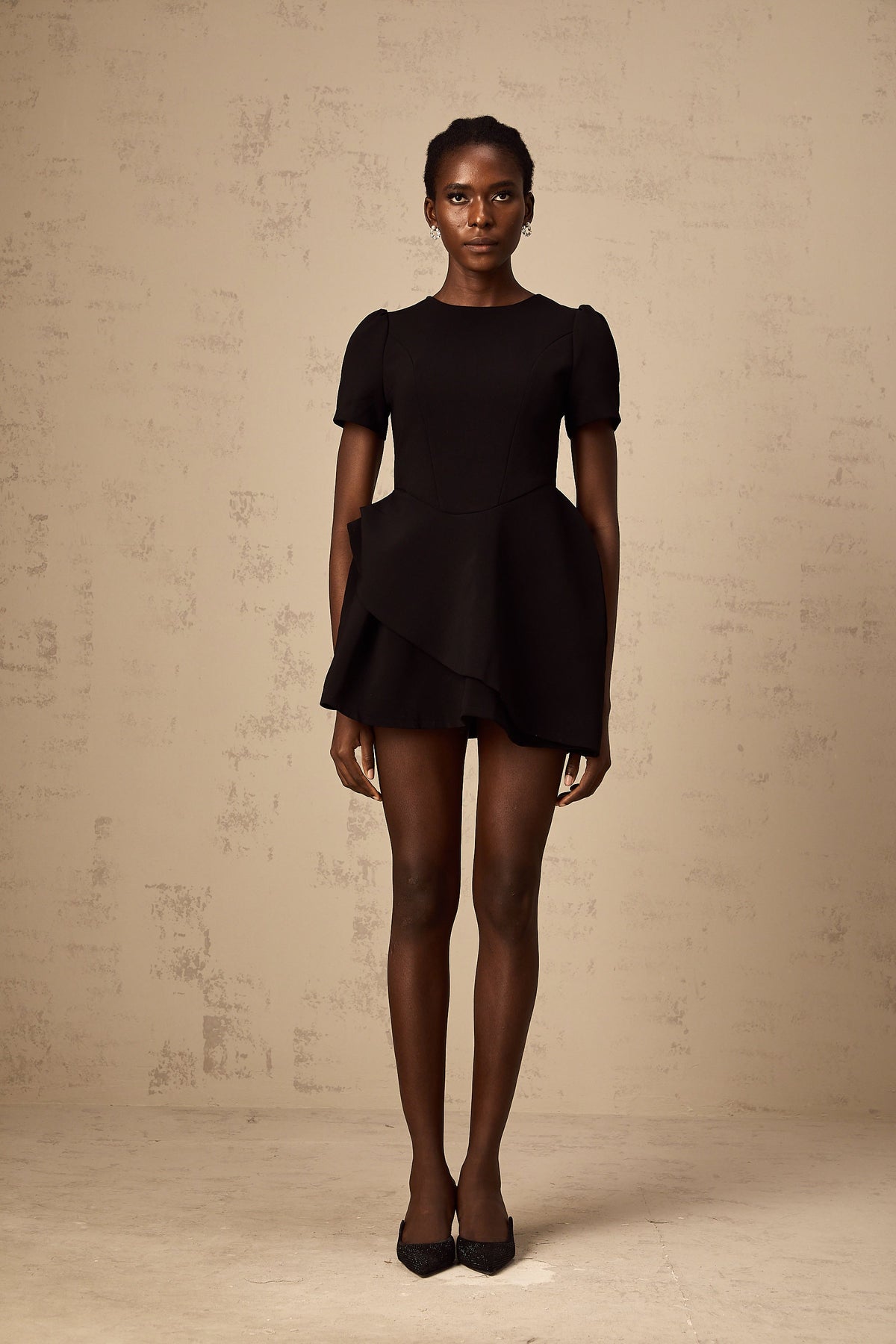Emma black asymmetrical ruffled mini dress