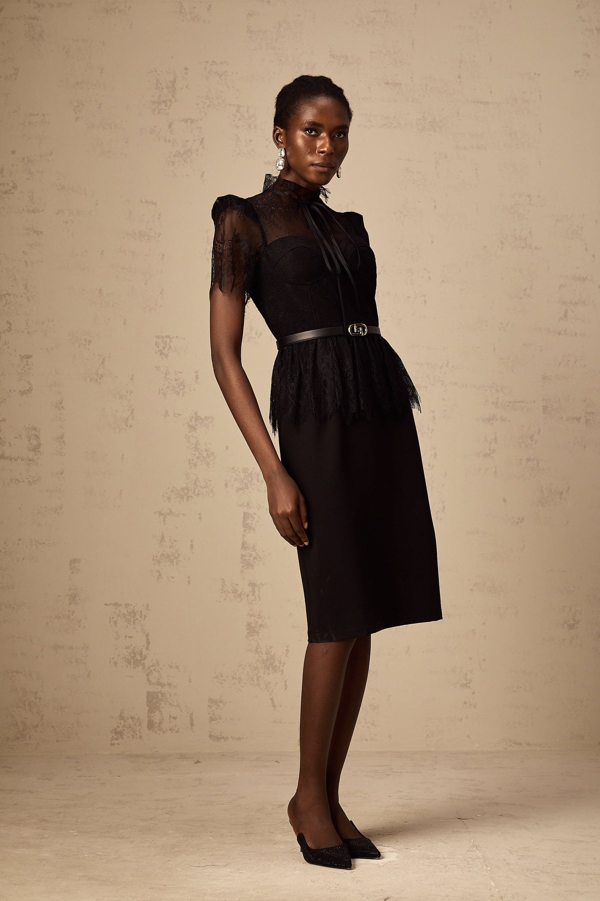 Thérèse black guipure-lace panelled midi dress (Without belt)