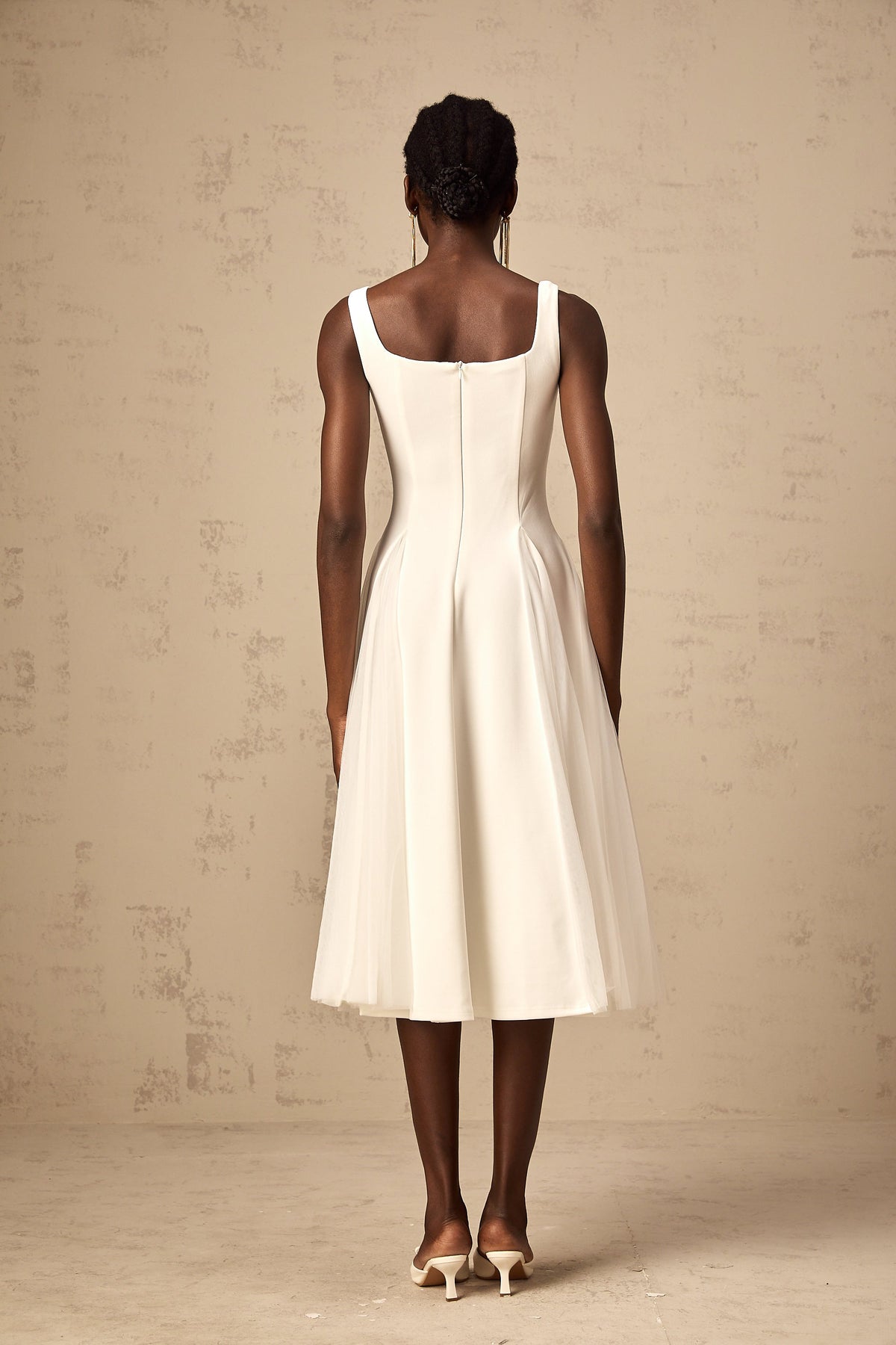 Danielle white tulle godet midi dress