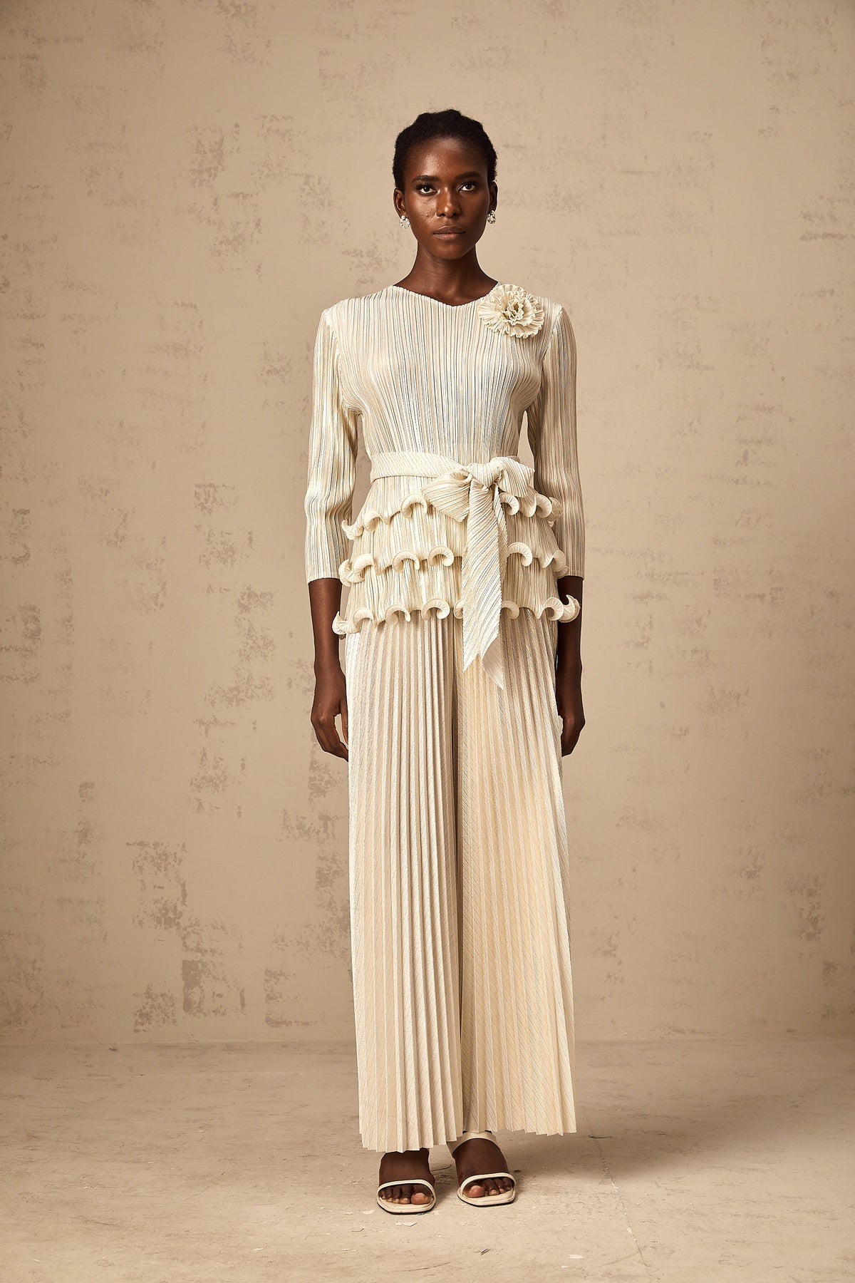 Cloris floral-appliqué ruffled pleated jumpsuit