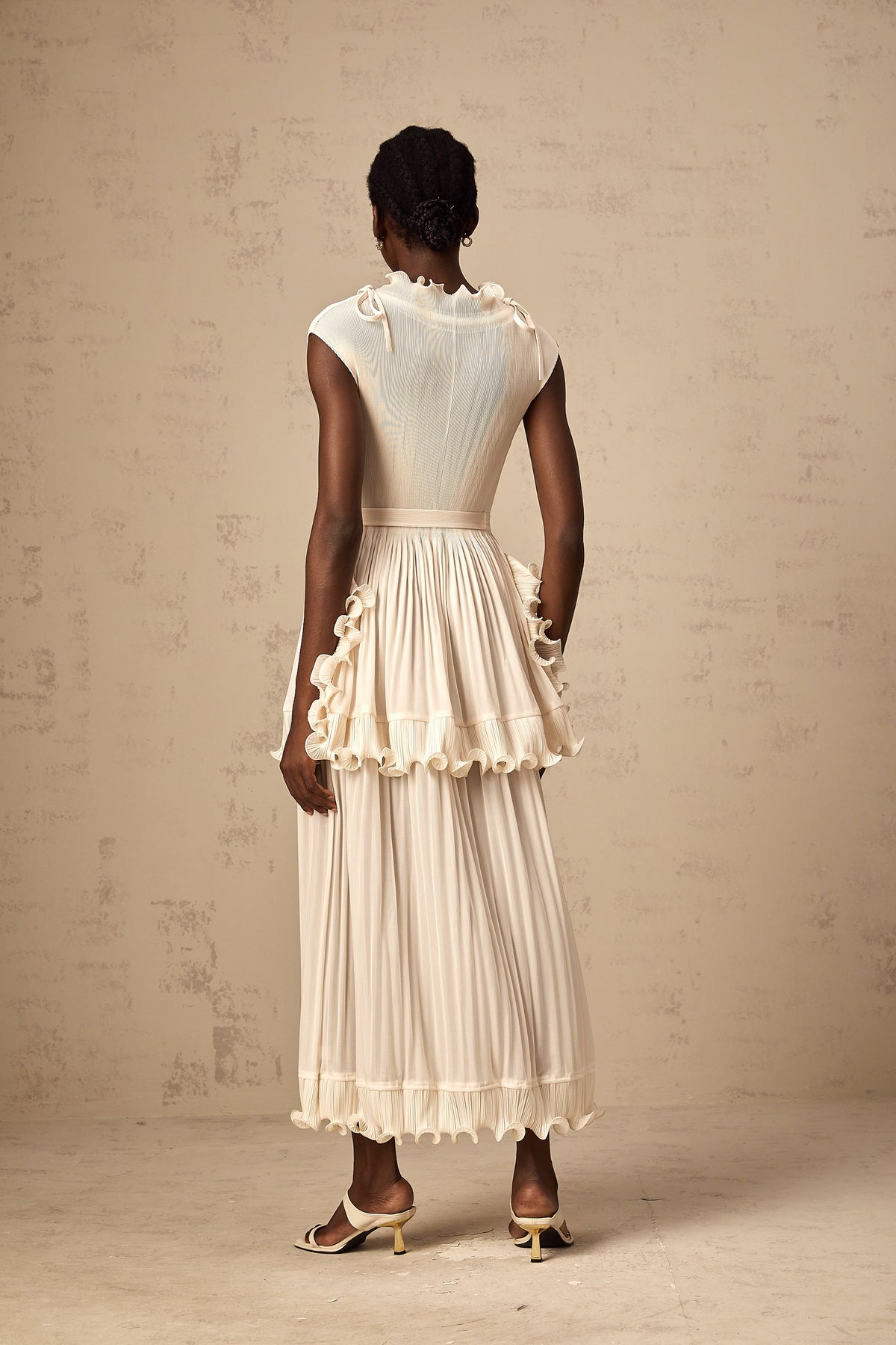 Diana white ruffle pleated sleeveless maxi dress