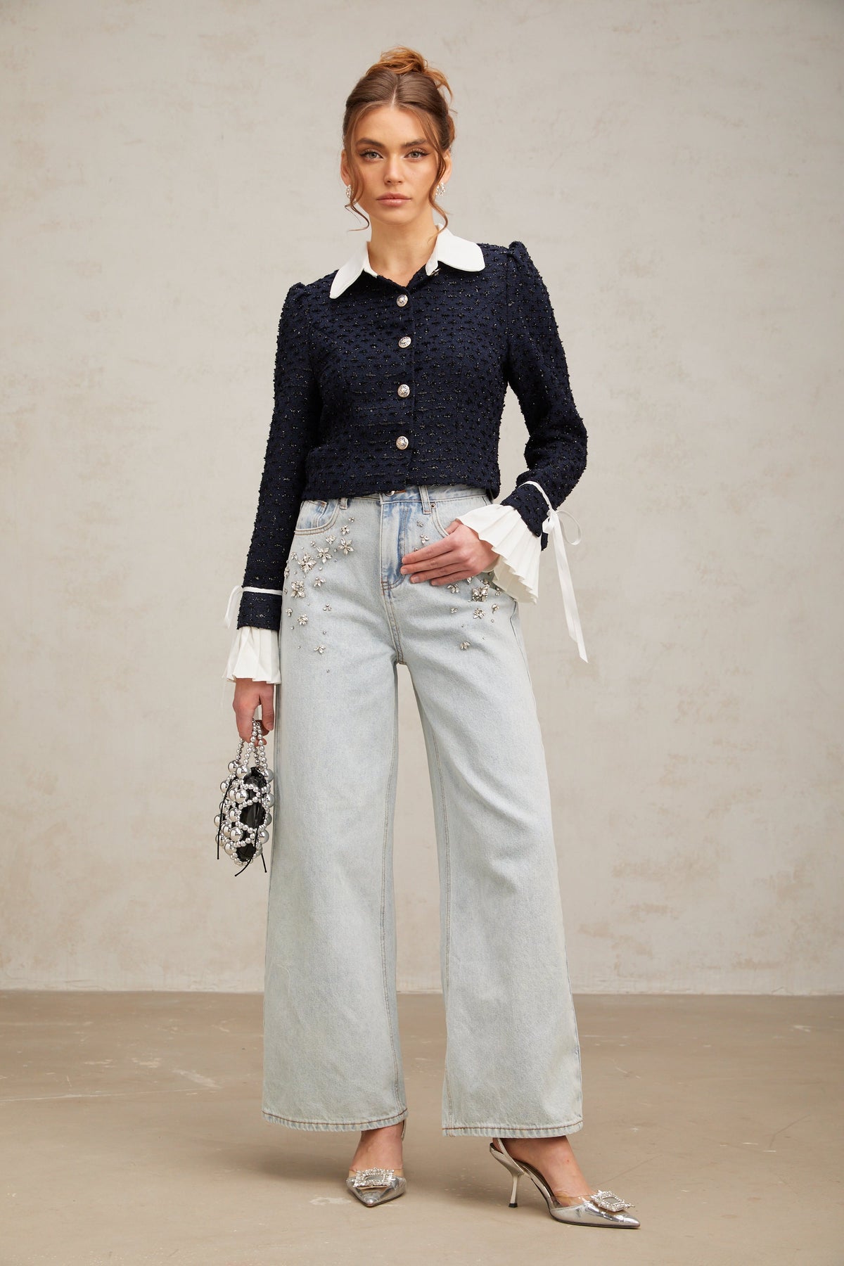 Doriane navy-blue panelled tweed jacket