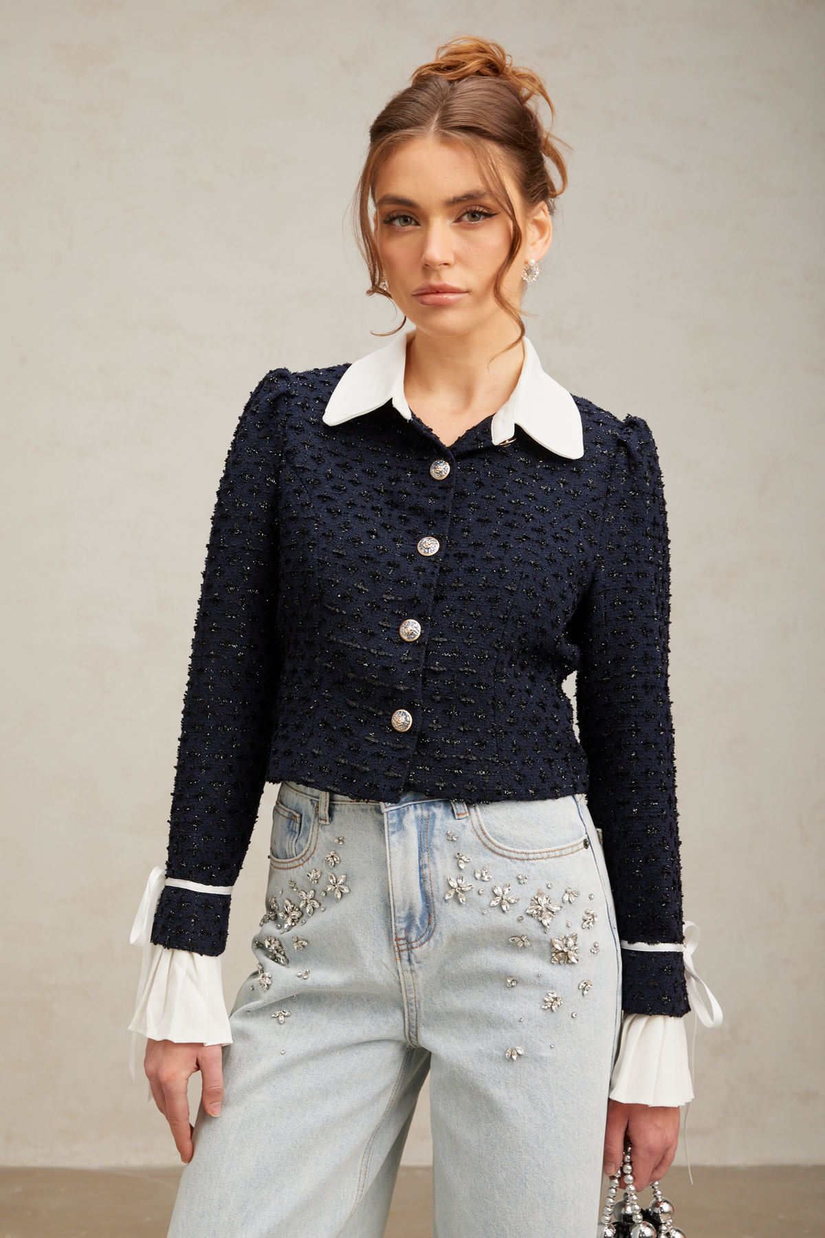 Doriane navy-blue panelled tweed jacket (Final Sale)