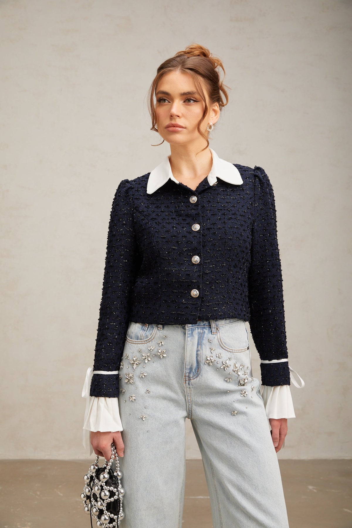 Doriane navy-blue panelled tweed jacket