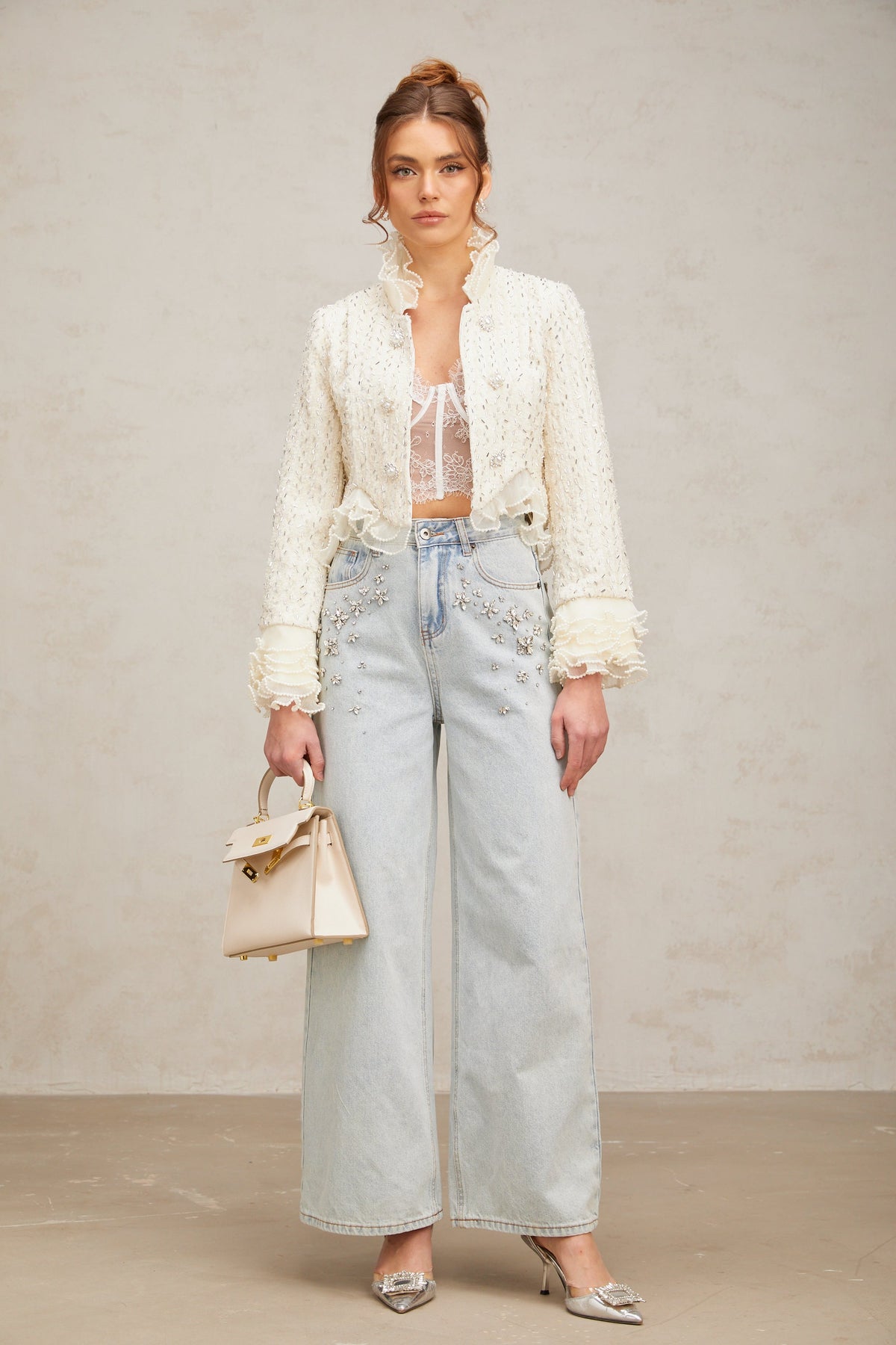 Blanche white beaded ruffle cropped jacket (Final Sale-US Only)
