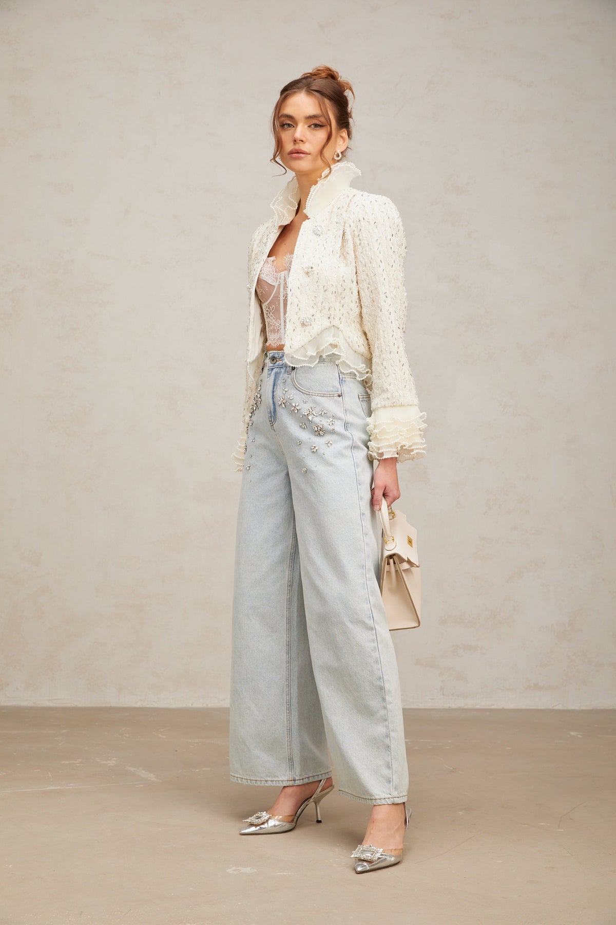 Blanche white beaded ruffle cropped jacket (Final Sale-US Only)