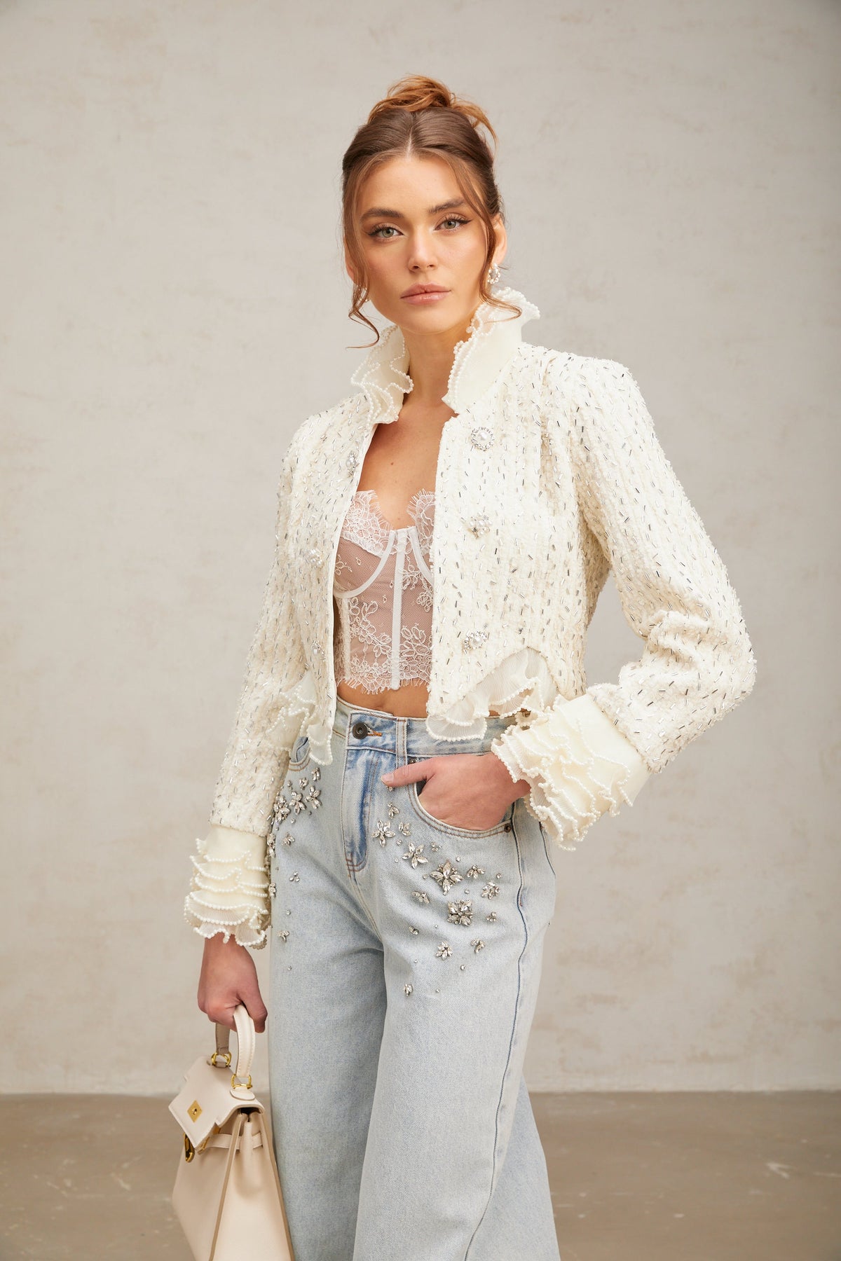 Blanche white beaded ruffle cropped jacket (Final Sale-US Only)