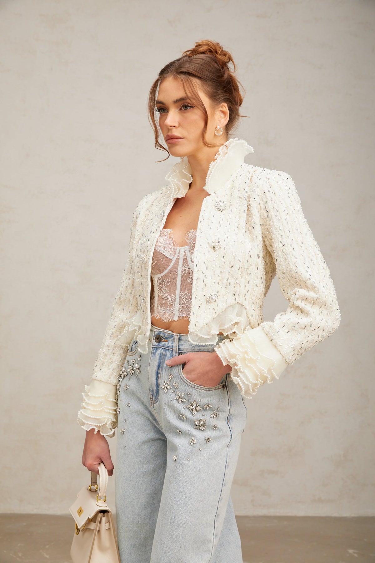 Blanche white beaded ruffle cropped jacket (Final Sale-US Only)