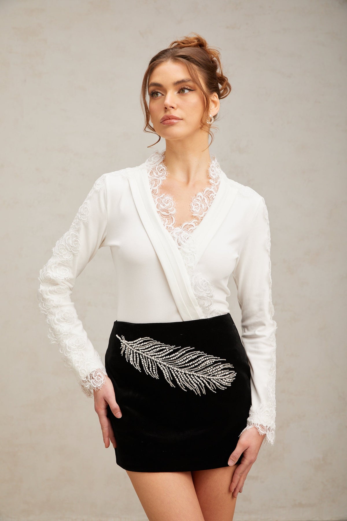 Myriam black embellished feather-embroidered mini skirt
