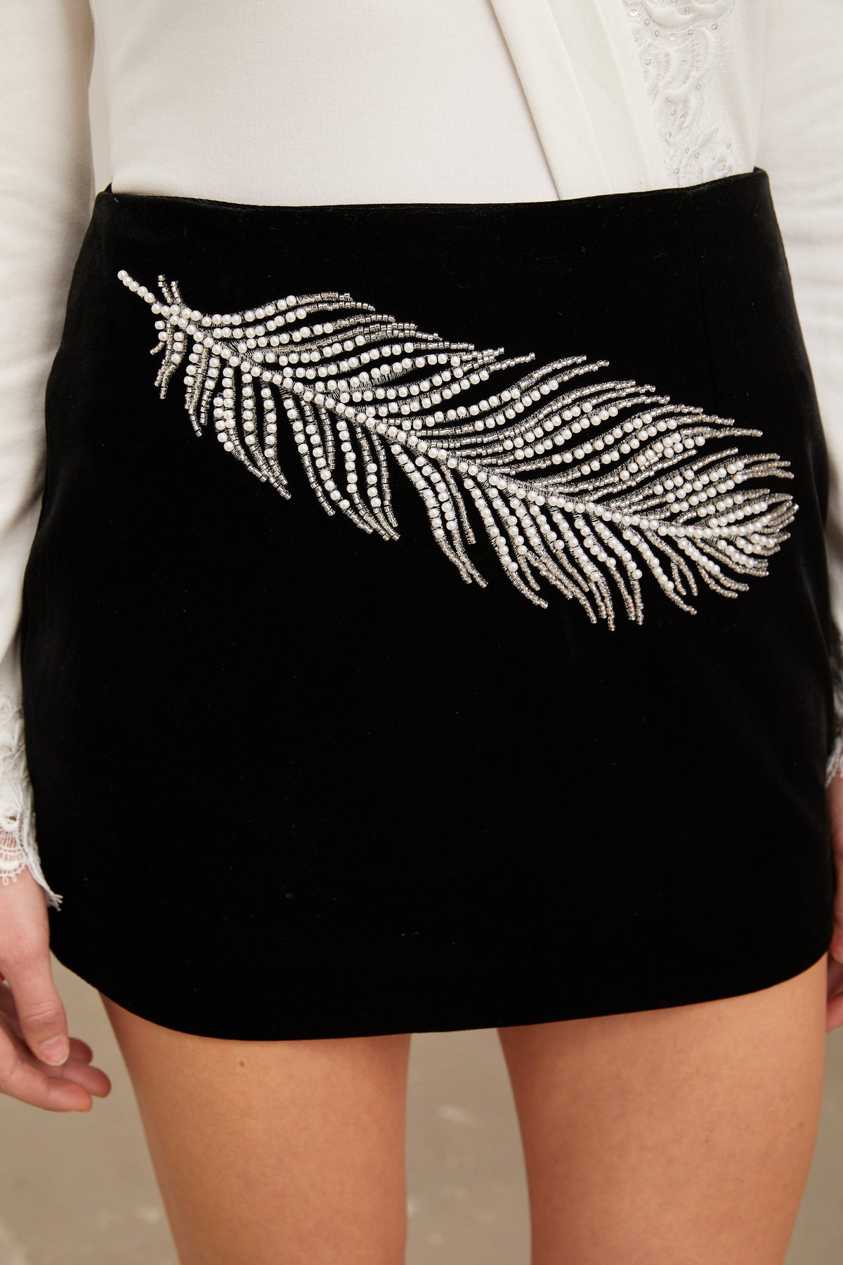 Myriam black embellished feather-embroidered mini skirt