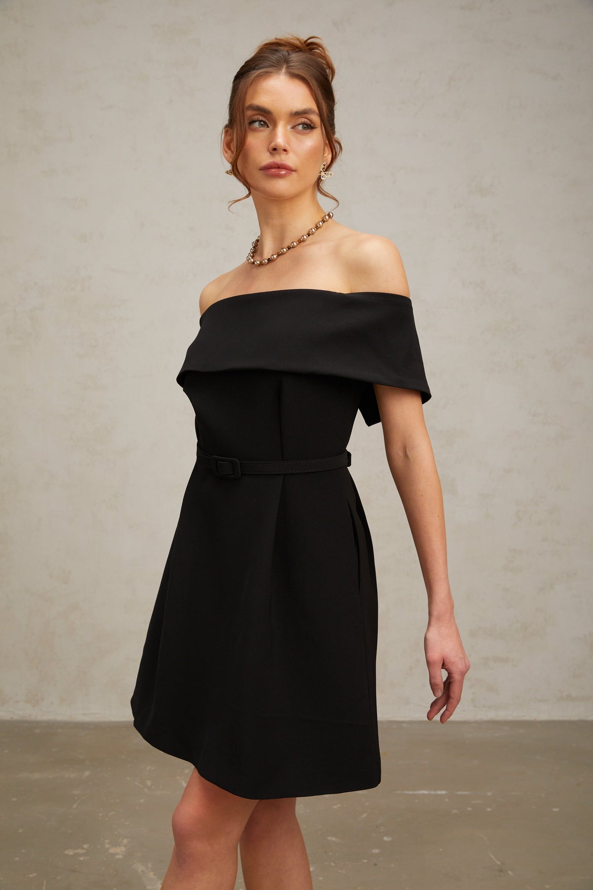 Greta black off-shoulder belted mini dress