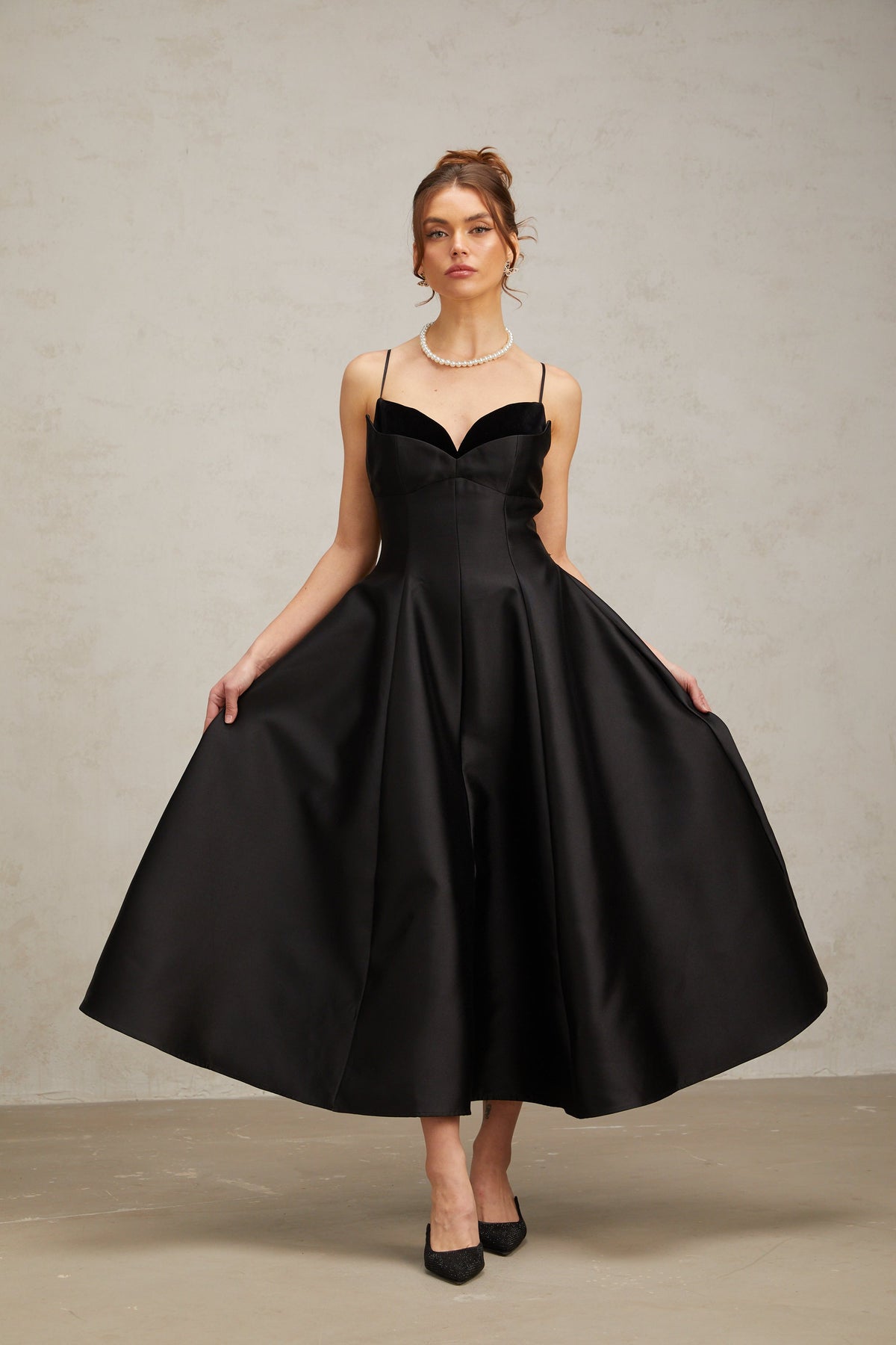 Roxane black pleated flared midi dress (Final Sale-US Only)