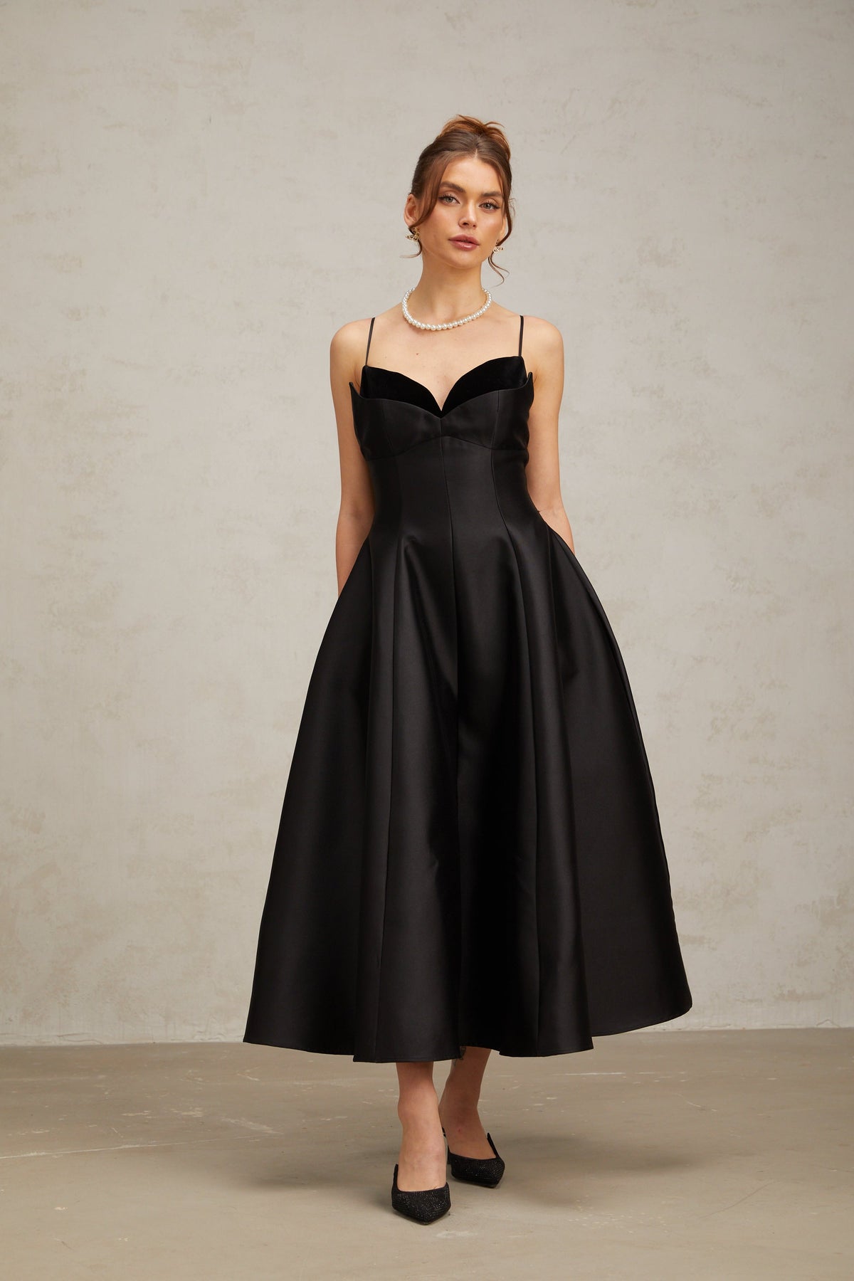 Roxane black pleated flared midi dress (Final Sale-US Only)