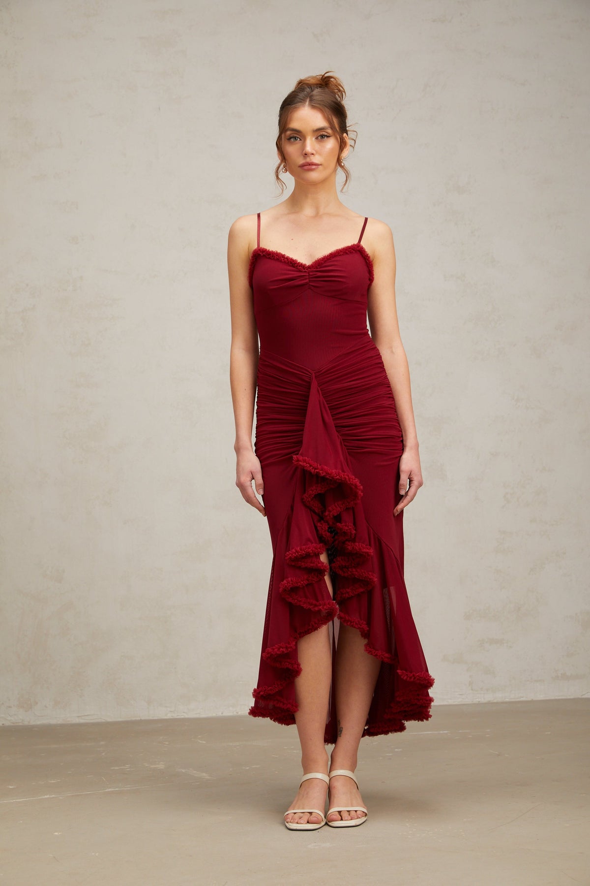 Viviane ruffle draped maxi dress in Red