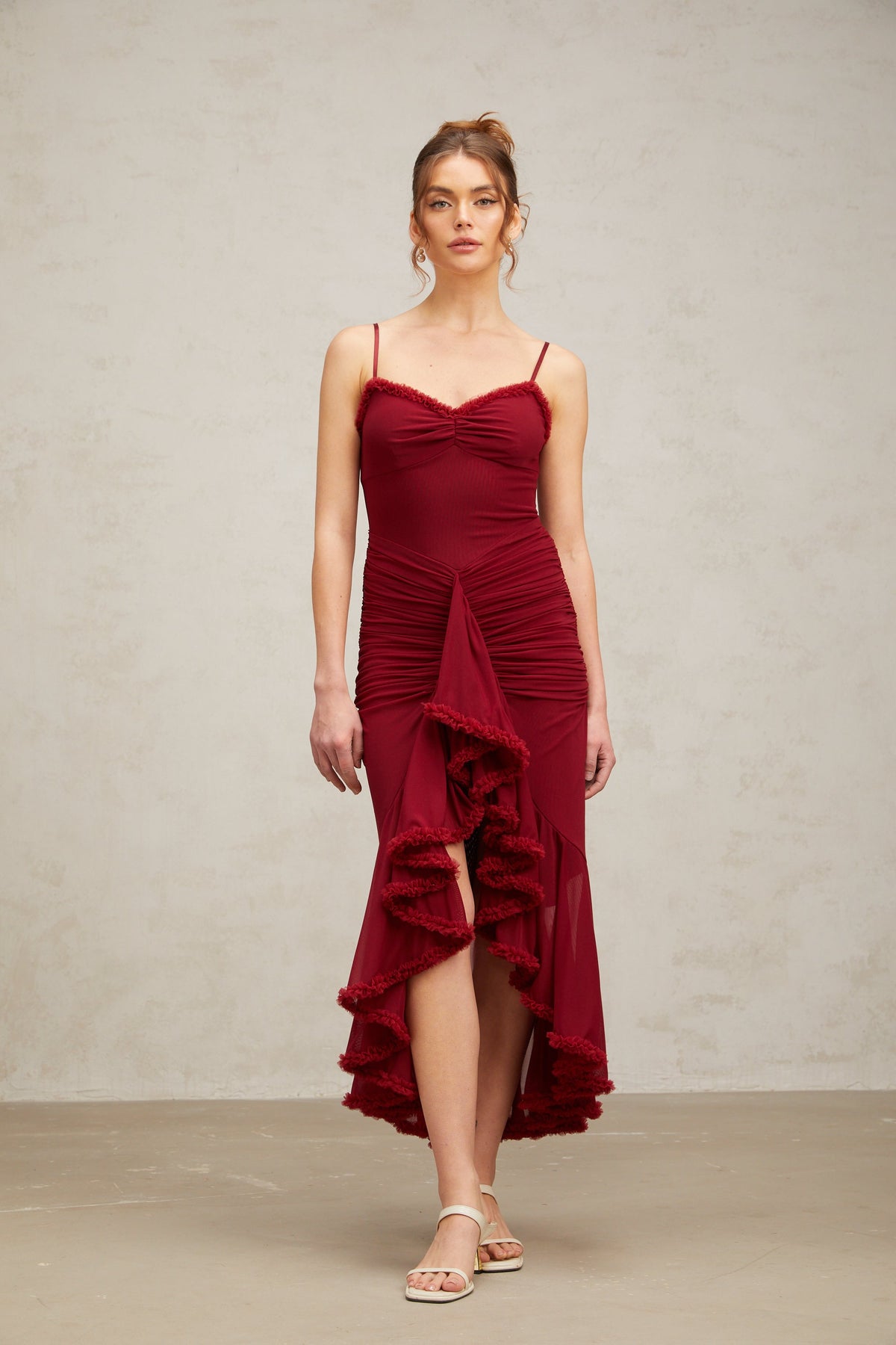 Viviane ruffle draped maxi dress in Red