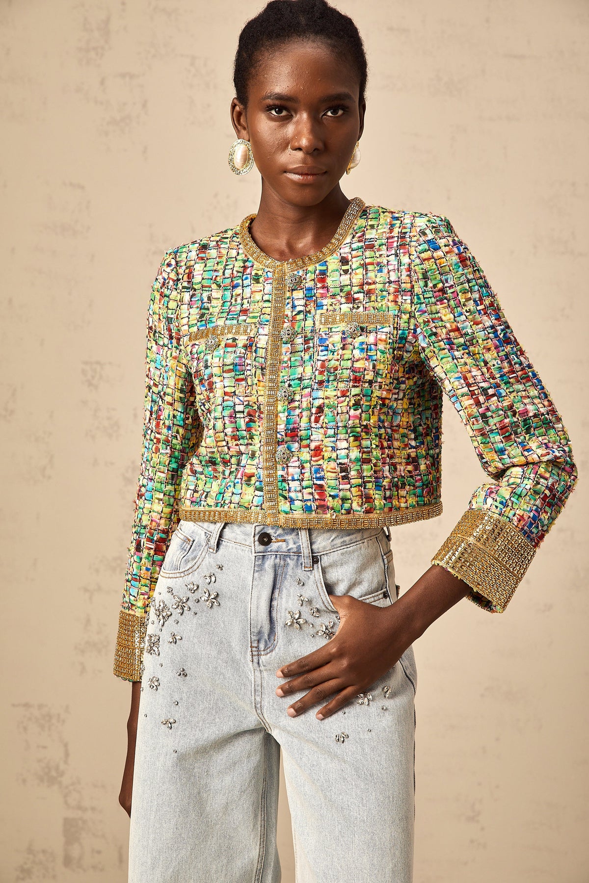 Octavie gold-tone sequined checked tweed jacket