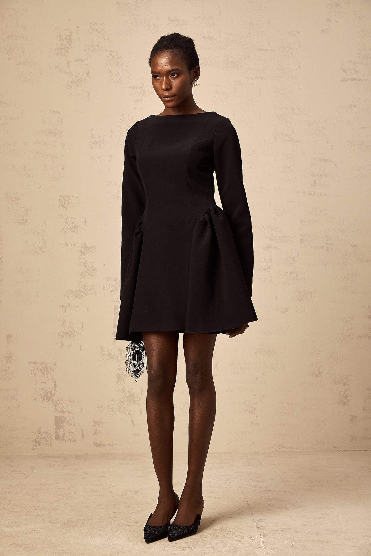 Zora black long-sleeve flared mini dress