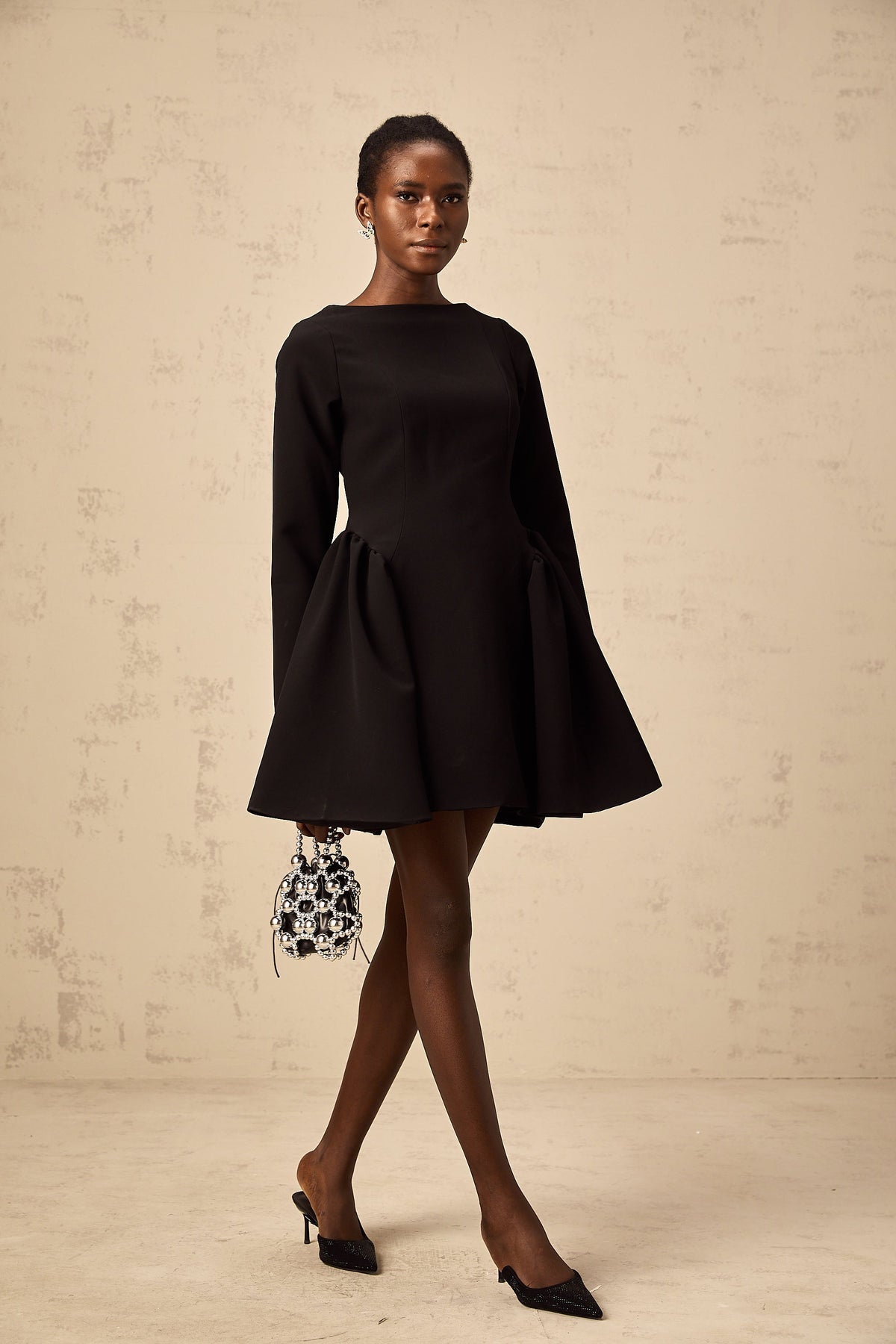 Zora black long-sleeve flared mini dress