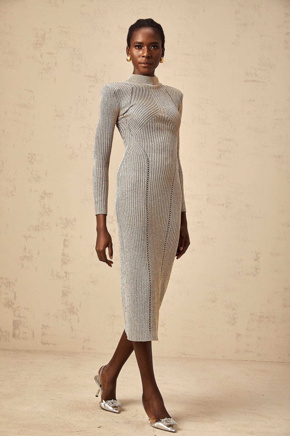 Candice gold pointelle ribbed-knit midi dress