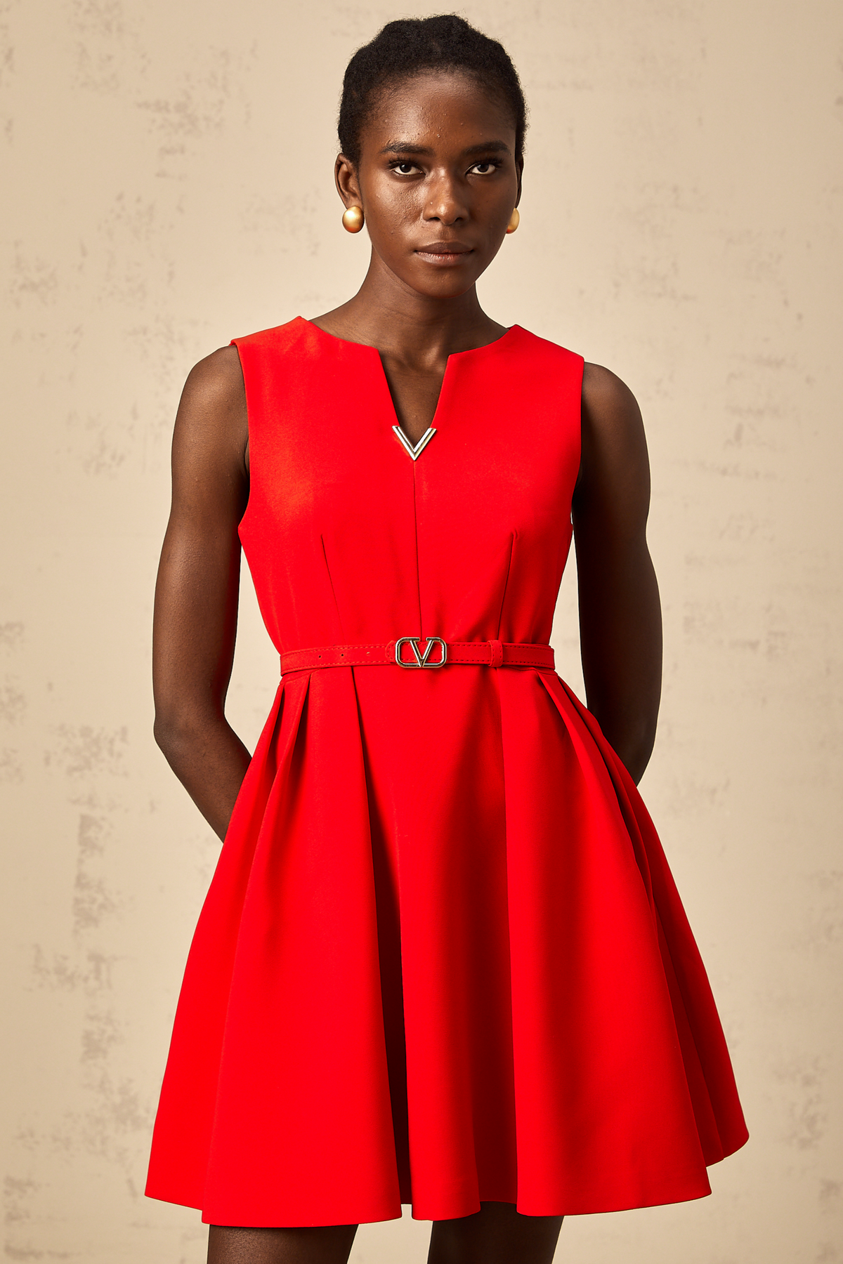 Quiana red split-neck cinched-waist mini dress